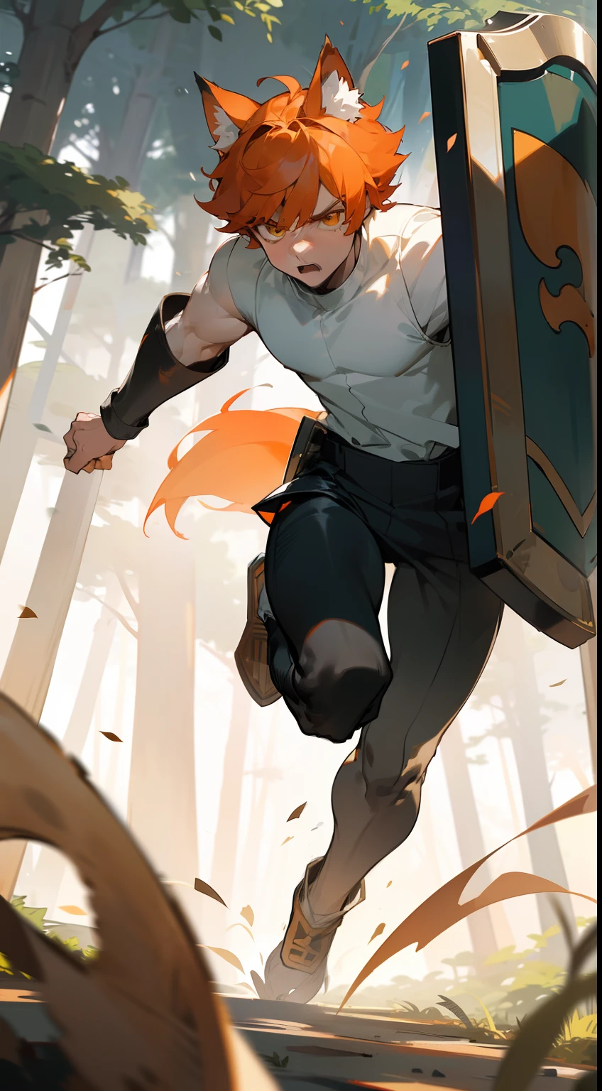 1boy,solo,20s,muscles,serious face,white shirt,black pants, Orange hair,short hair,yellow eyes,wolf ears,1wolf tail,hidden arms,(((running in front of a forest))),(((attacking holding an shield )))