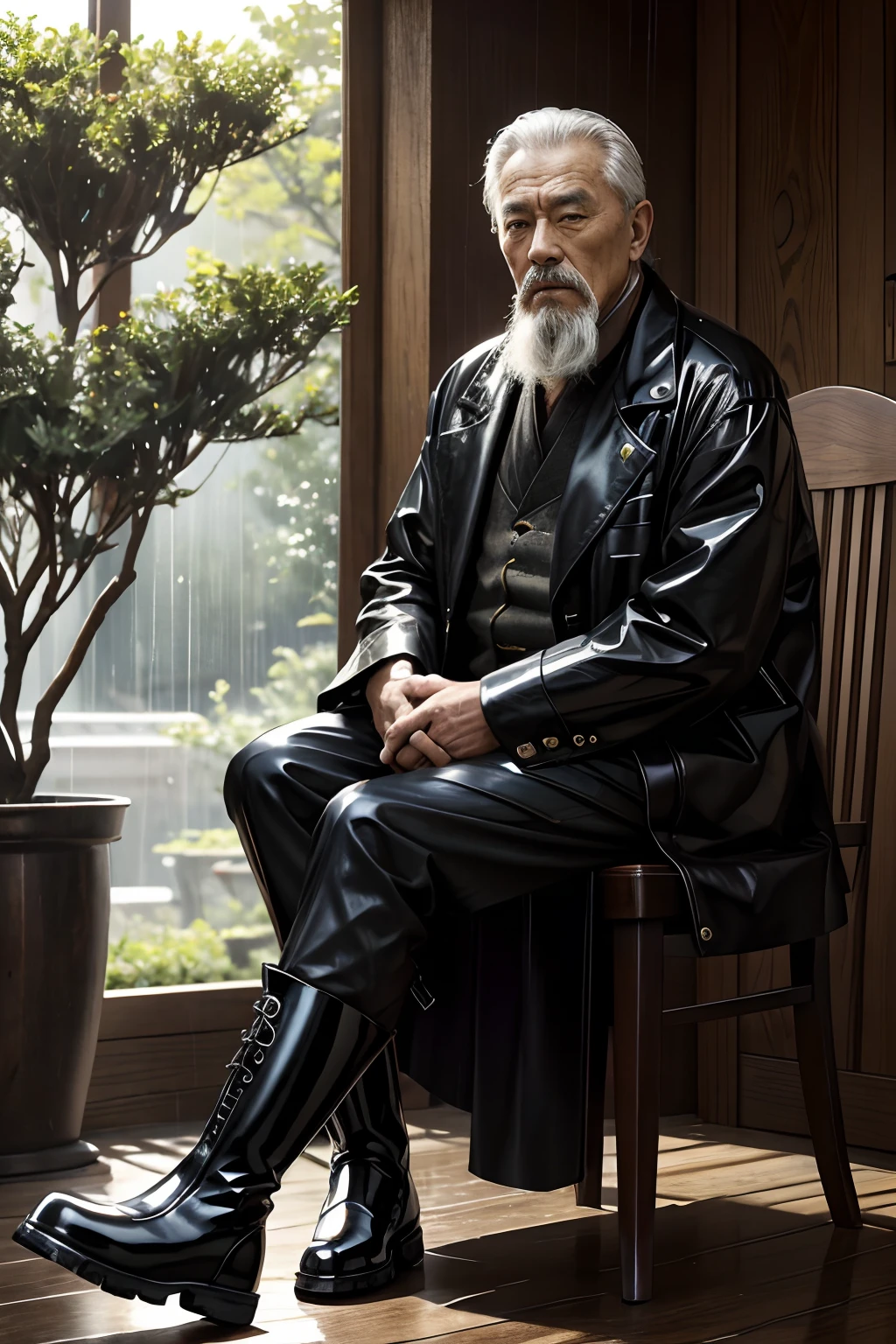 Old gentleman with a goatee，sit on chair，Showing off his boots，Black high-gloss rain boots, 8K分辨率,Wallpaper masterpiece，Best quality，Highly meticulous，Ultra high quality，The midday sun is a bit dazzling。