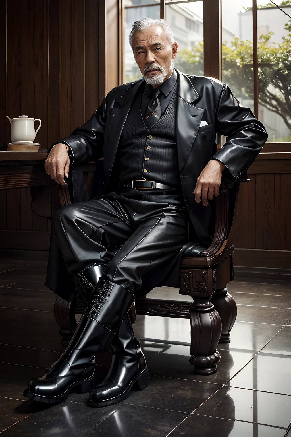 Old gentleman with a goatee，sit on chair，Showing off his boots，Black high-gloss rain boots, 8K分辨率,Wallpaper masterpiece，Best quality，Highly meticulous，Ultra high quality，The midday sun is a bit dazzling。