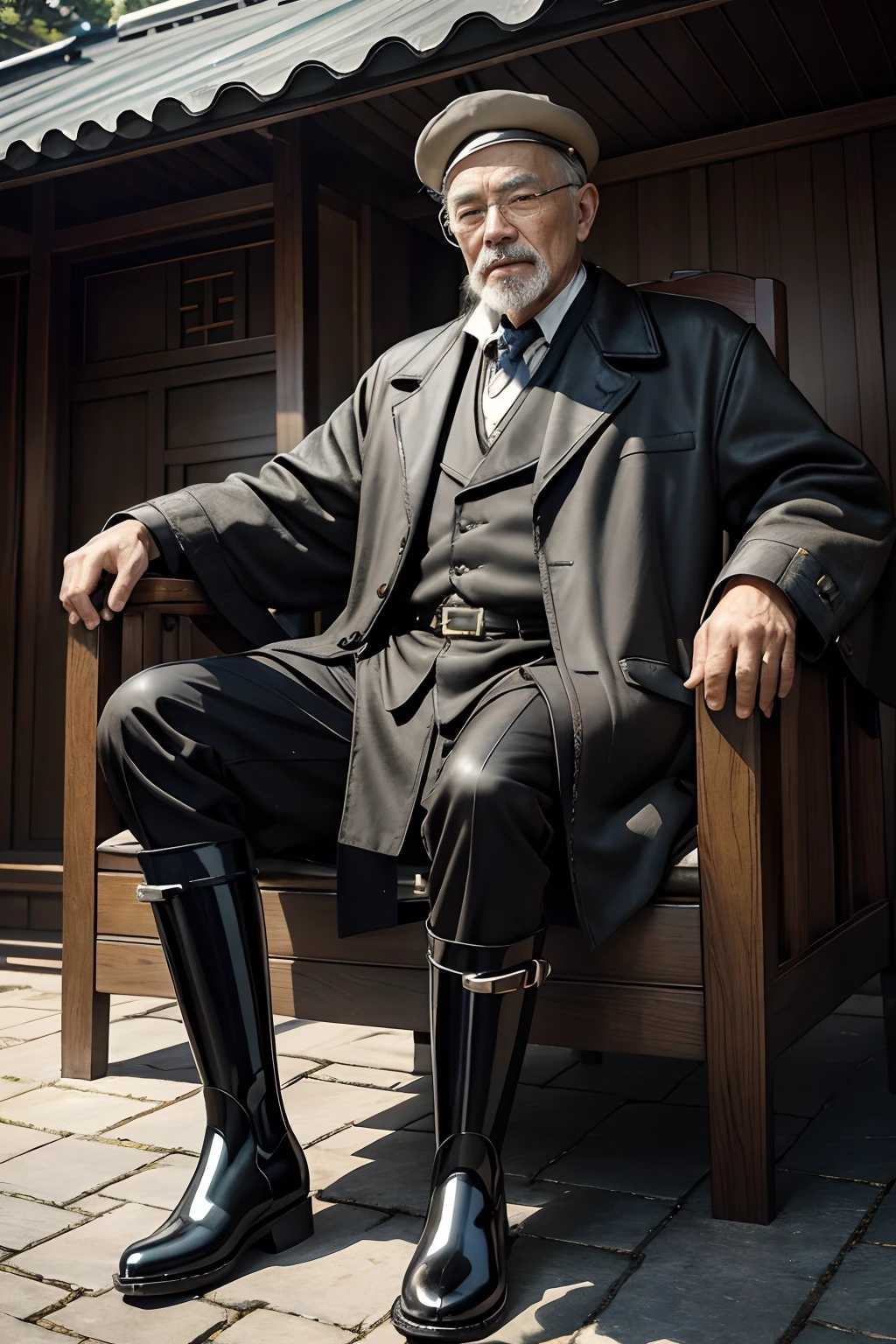 Old gentleman with a goatee，sit on chair，Show off his boots，Black high-gloss rain boots, 8K分辨率,Wallpaper masterpiece，Best quality，Highly meticulous，Ultra high quality，The midday sun is a bit dazzling。