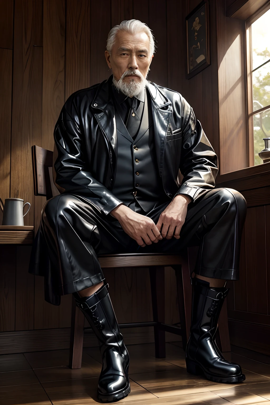 Old gentleman with a goatee，sit on chair，Show off his boots，Black high-gloss rain boots, 8K分辨率,Wallpaper masterpiece，Best quality，Highly meticulous，Ultra high quality，The midday sun is a bit dazzling。