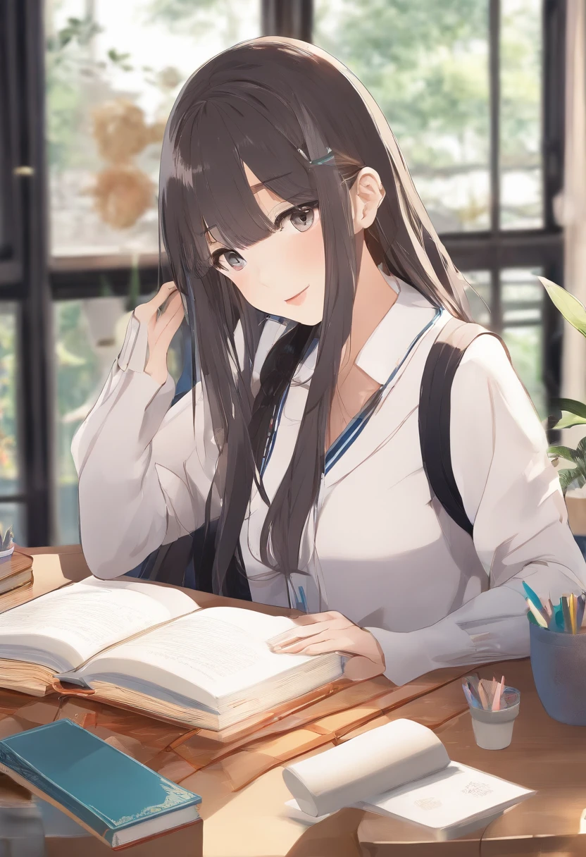 (best quality,4k,8k,highres,masterpiece:1.2),ultra-detailed,(realistic,photorealistic,photo-realistic:1.37),A girl studying on her study table,beautiful detailed eyes,beautiful detailed lips,extremely detailed eyes and face,long eyelashes,stunning long hair,serious look,intelligent expression,focused eyes,meticulously crafted study table,well-organized books and stationery,colorful pens and pencils,neatly arranged notebooks and textbooks,comfortable chair,soft cushion,cozy atmosphere,bright sunlight streaming through the window,soft golden lighting,peaceful ambiance,modern and stylish room decor,thoughtful posture,holding a pen,deeply immersed in her studies,vivid colors,crisp and clear details,artful composition,well-defined contours,subtle shadows,textured background,dreamy color palette,rich color saturation.