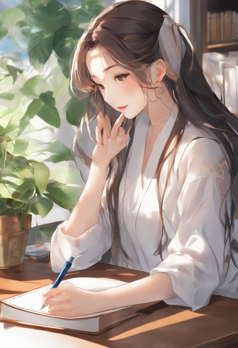 (best quality,4k,8k,highres,masterpiece:1.2),ultra-detailed,(realistic,photorealistic,photo-realistic:1.37),A girl studying on her study table,beautiful detailed eyes,beautiful detailed lips,extremely detailed eyes and face,long eyelashes,stunning long hair,serious look,intelligent expression,focused eyes,meticulously crafted study table,well-organized books and stationery,colorful pens and pencils,neatly arranged notebooks and textbooks,comfortable chair,soft cushion,cozy atmosphere,bright sunlight streaming through the window,soft golden lighting,peaceful ambiance,modern and stylish room decor,thoughtful posture,holding a pen,deeply immersed in her studies,vivid colors,crisp and clear details,artful composition,well-defined contours,subtle shadows,textured background,dreamy color palette,rich color saturation.