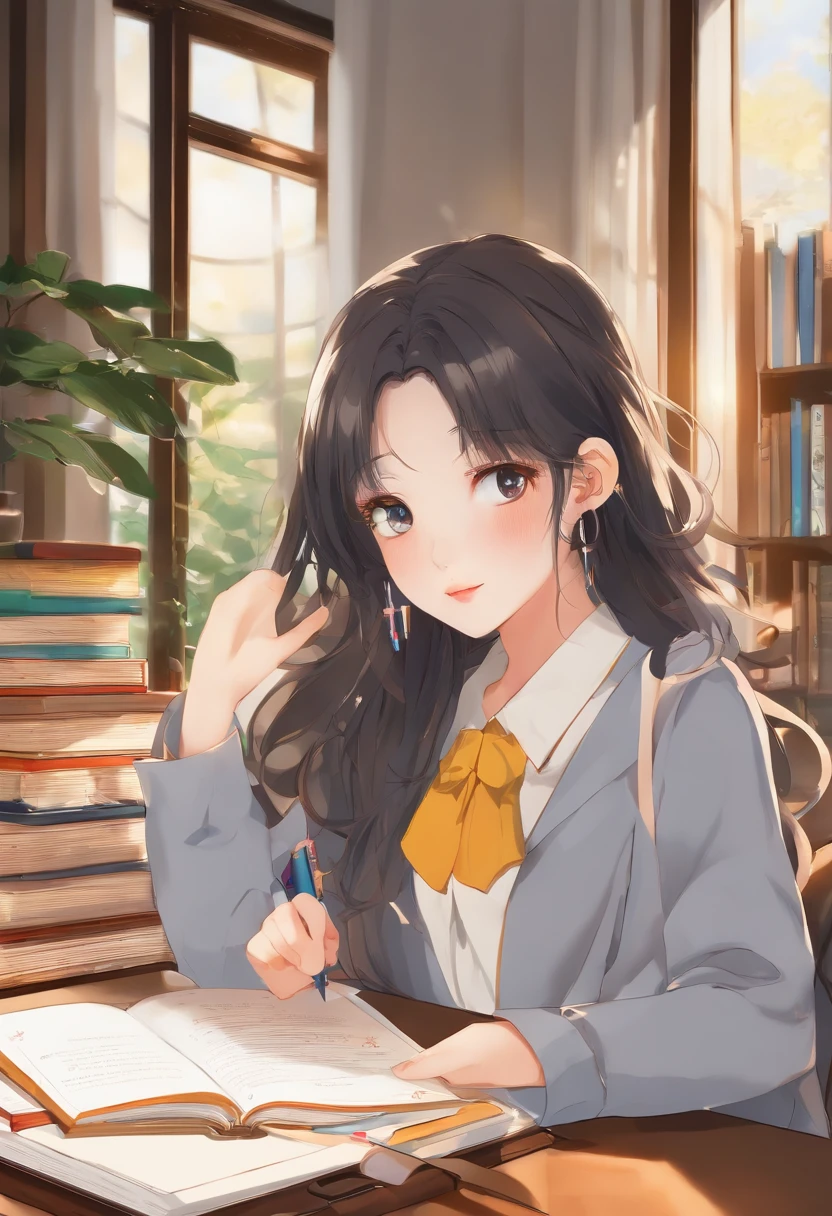 (best quality,4k,8k,highres,masterpiece:1.2),ultra-detailed,(realistic,photorealistic,photo-realistic:1.37),A girl studying on her study table,beautiful detailed eyes,beautiful detailed lips,extremely detailed eyes and face,long eyelashes,stunning long hair,serious look,intelligent expression,focused eyes,meticulously crafted study table,well-organized books and stationery,colorful pens and pencils,neatly arranged notebooks and textbooks,comfortable chair,soft cushion,cozy atmosphere,bright sunlight streaming through the window,soft golden lighting,peaceful ambiance,modern and stylish room decor,thoughtful posture,holding a pen,deeply immersed in her studies,vivid colors,crisp and clear details,artful composition,well-defined contours,subtle shadows,textured background,dreamy color palette,rich color saturation.