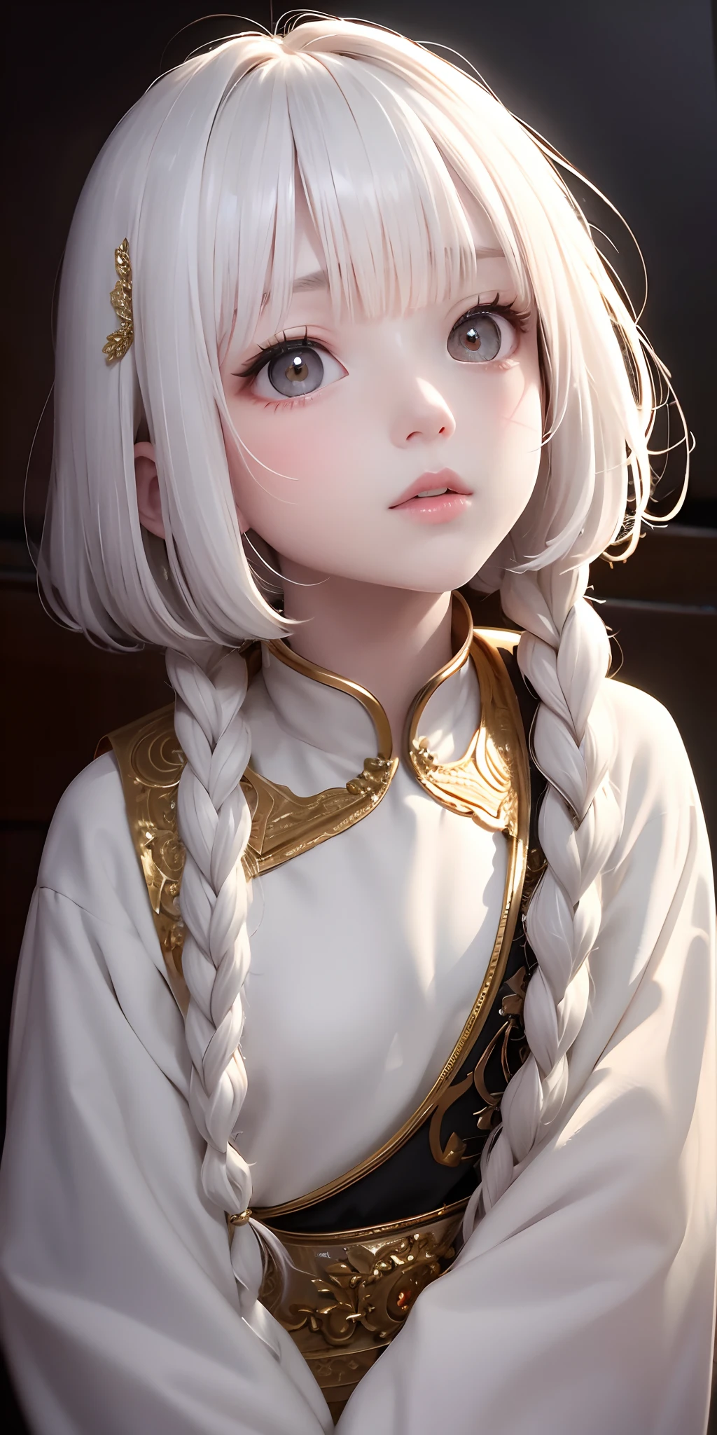 best quality, masterpiece,white hair, gold eyes,white clothes, looking up, upper body,hair strand,Fair skin,side braids