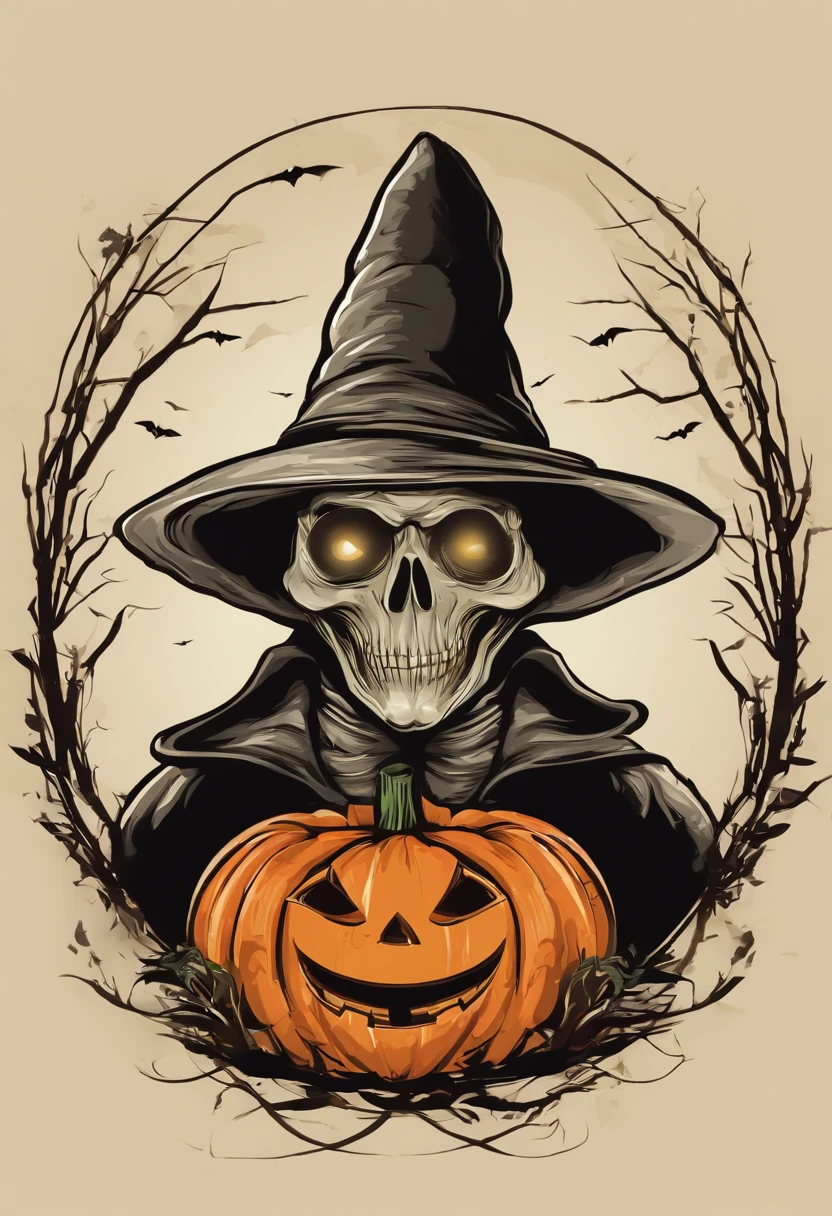as a t-shirt logo in the style of art, 2d vector illustration, Halloween, Alien explorer, Create a logo where the "1N" is incorporated into a halloween pumpkin Alien wearing a witches hat,, whole body, embodying the spirit of adventure. Keywords:  Halloween, pumpkin, Alien,1N. Style: Grungy and weathered, like an authentic medieval old story. Medium: Digital design with a distressed texture.