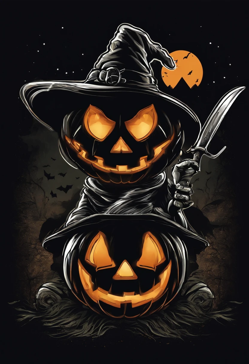 as a t-shirt logo in the style of art, 2d vector illustration, Halloween, Alien explorer, Create a logo where the "1N" is incorporated into a halloween pumpkin Alien wearing a witches hat,, whole body, embodying the spirit of adventure. Keywords:  Halloween, pumpkin, Alien,1N. Style: Grungy and weathered, like an authentic medieval old story. Medium: Digital design with a distressed texture.