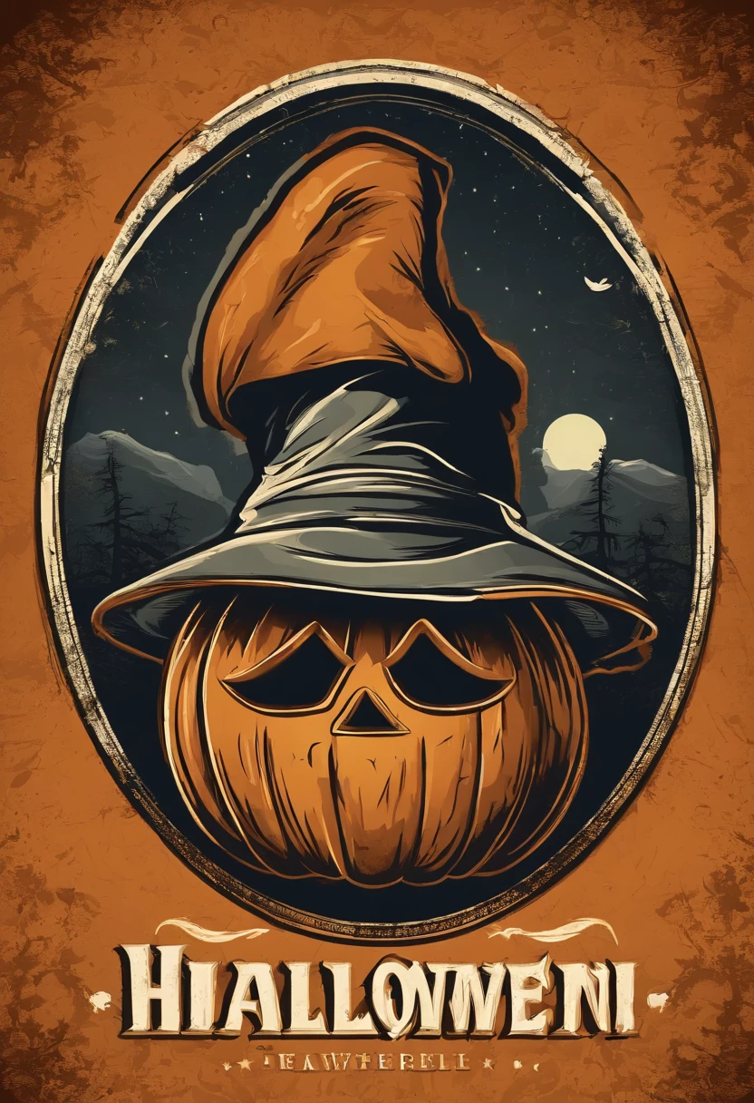 as a t-shirt logo in the style of art, 2d vector illustration, Halloween, Alien explorer, Create a logo where the "1N" is incorporated into a halloween pumpkin Alien wearing a witches hat,, whole body, embodying the spirit of adventure. Keywords: Halloween, pumpkin, Alien,1N. Style: Grungy and weathered, like an authentic medieval old story. Medium: Digital design with a distressed texture.