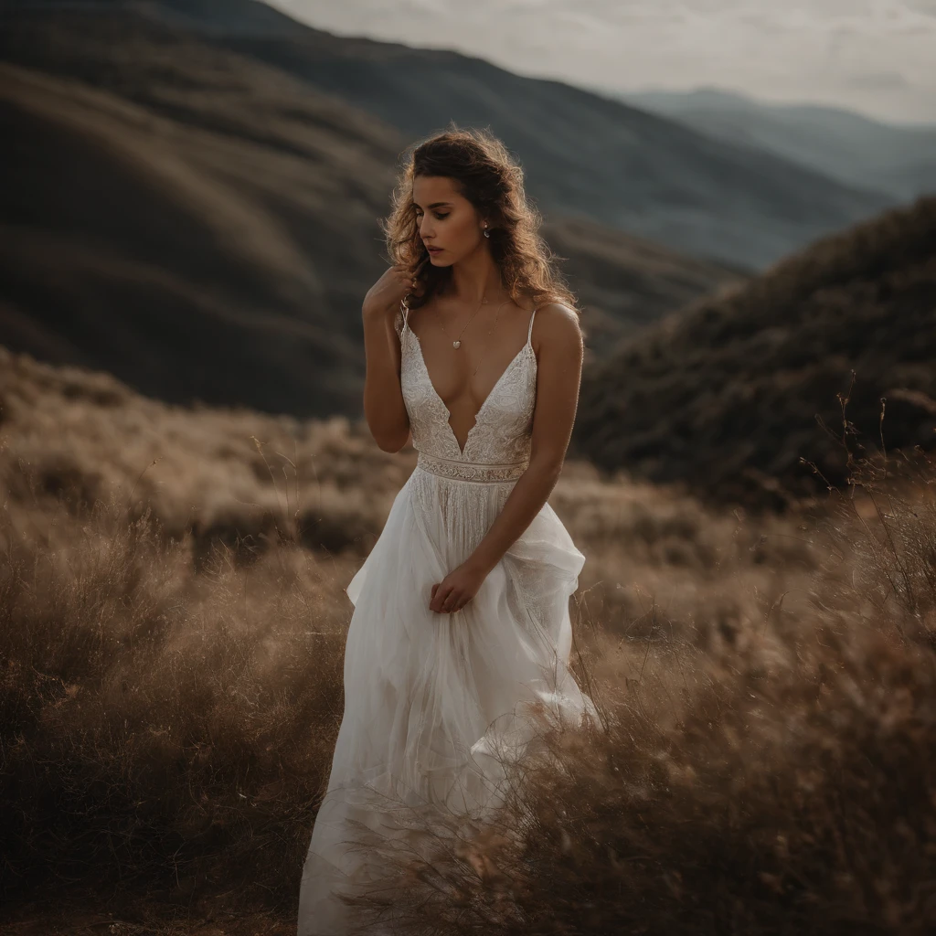 (best quality,Altas:1.2),Realistic,mulher bonita iluminada pelo sol com cabelo escuro usando um vestido branco tocando uma harpa, cercado por borboletas, Standing on a mountain