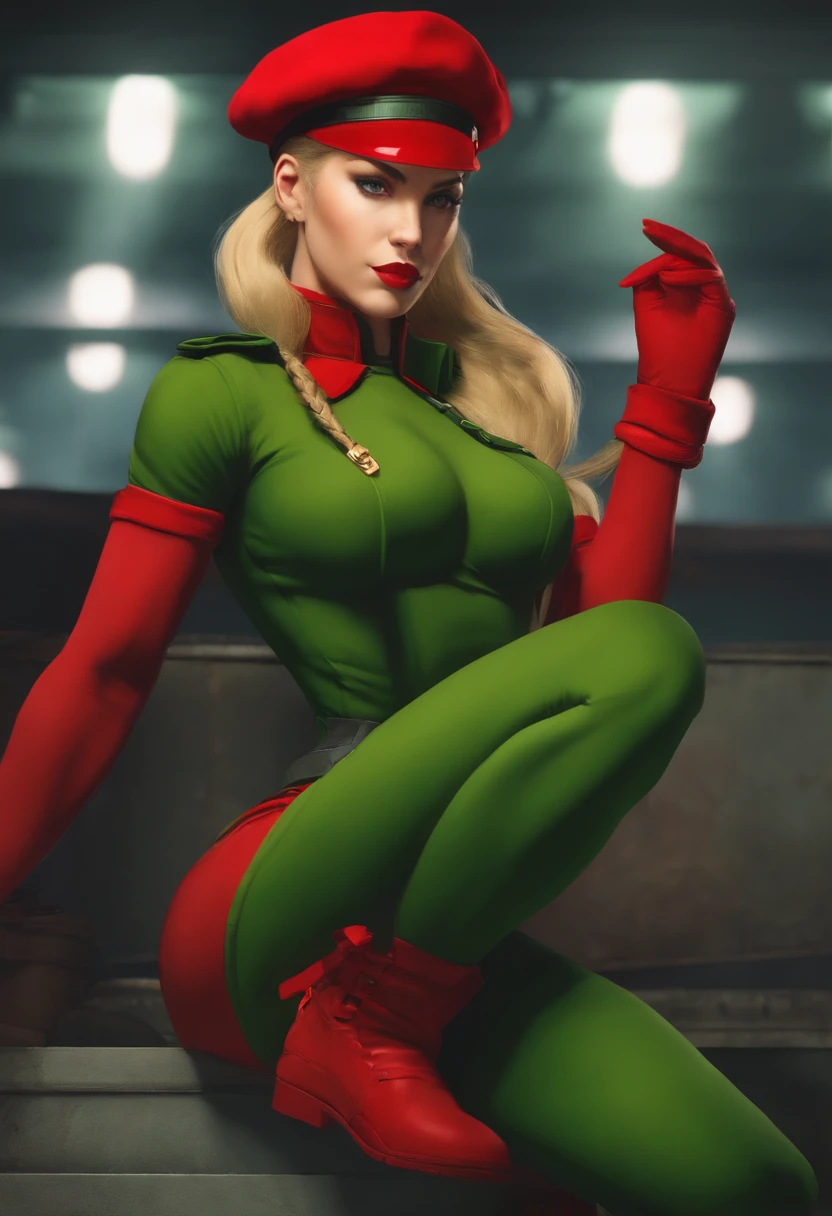Cammy from street fighter she wears ((red beret)) (red gloves) ((she wears only a green bodysuit)) she's blonde with 1braid full body, military boots