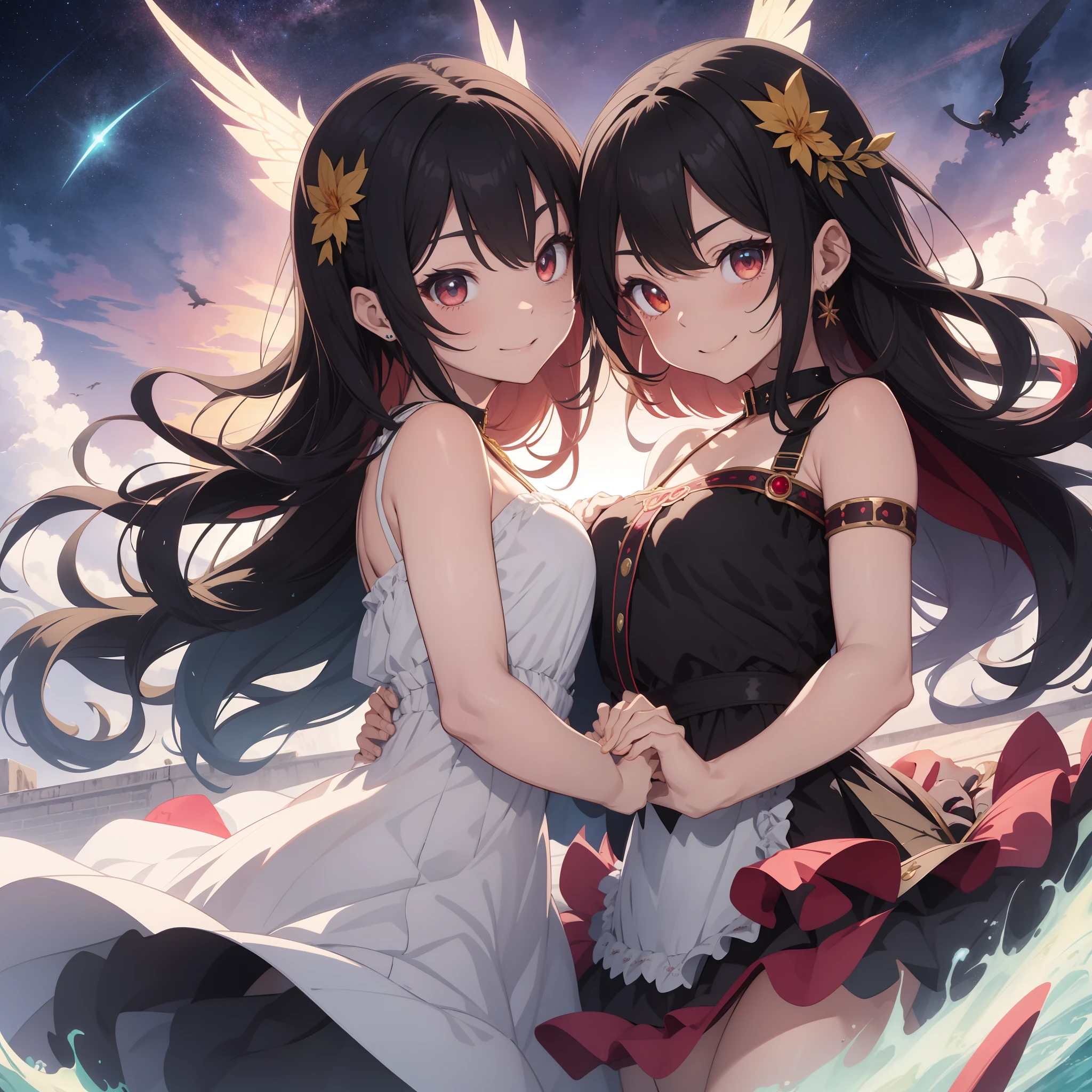masterpiece、Solo style、Two people join hands、Holding hands、stare at each other、magazine, Emerald Crystal Clear Eye, Light yellow shoulder strap long dress, Nunnipuni、The dress is studded with red ruby jewelry embroidery, Anime Girl, Smiling, Thick eyebrows, Hairstyle that reveals the forehead, gold circlet, one eye closed, Mischievous smile, Jet-black wings, short hair - curly, fairy tale world, Smooth Anime CG Art, bulging chest, Beautiful luster, Watercolor painting、Bright light is emitted from the front、Pop and dynamic painting style