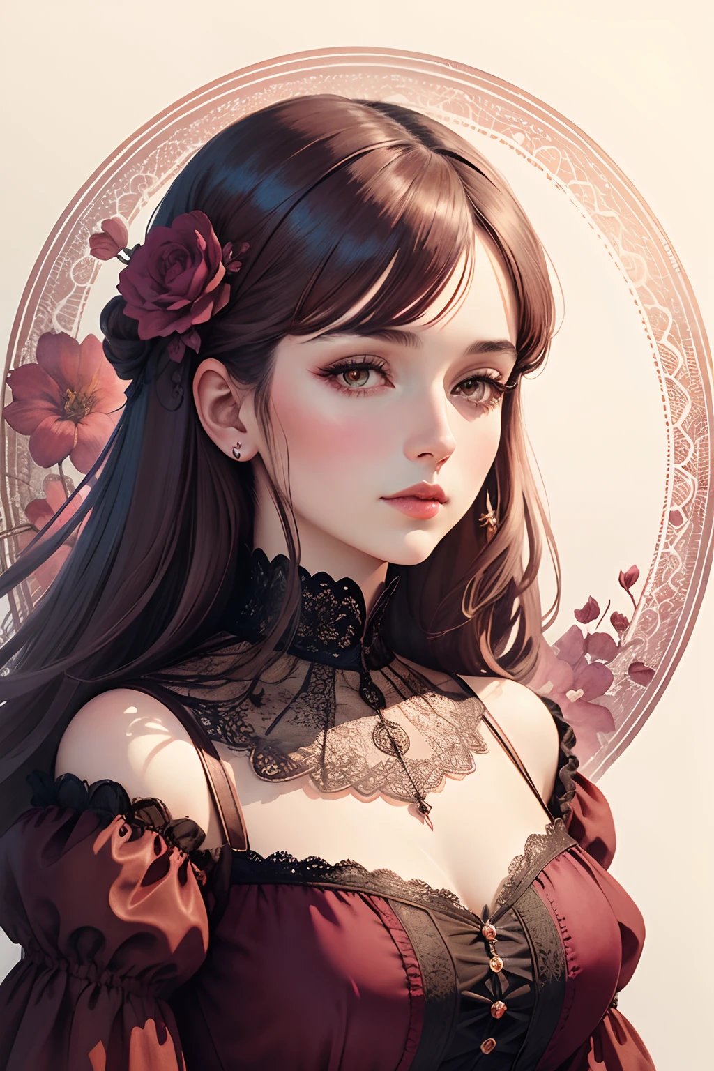 Ultra detailed watercolor illustration of a vintage Lady Gothic moon  in  burgundy baroque style with flowers in vintage style, elegant, intricate, very gentle, in the middle of the white background,