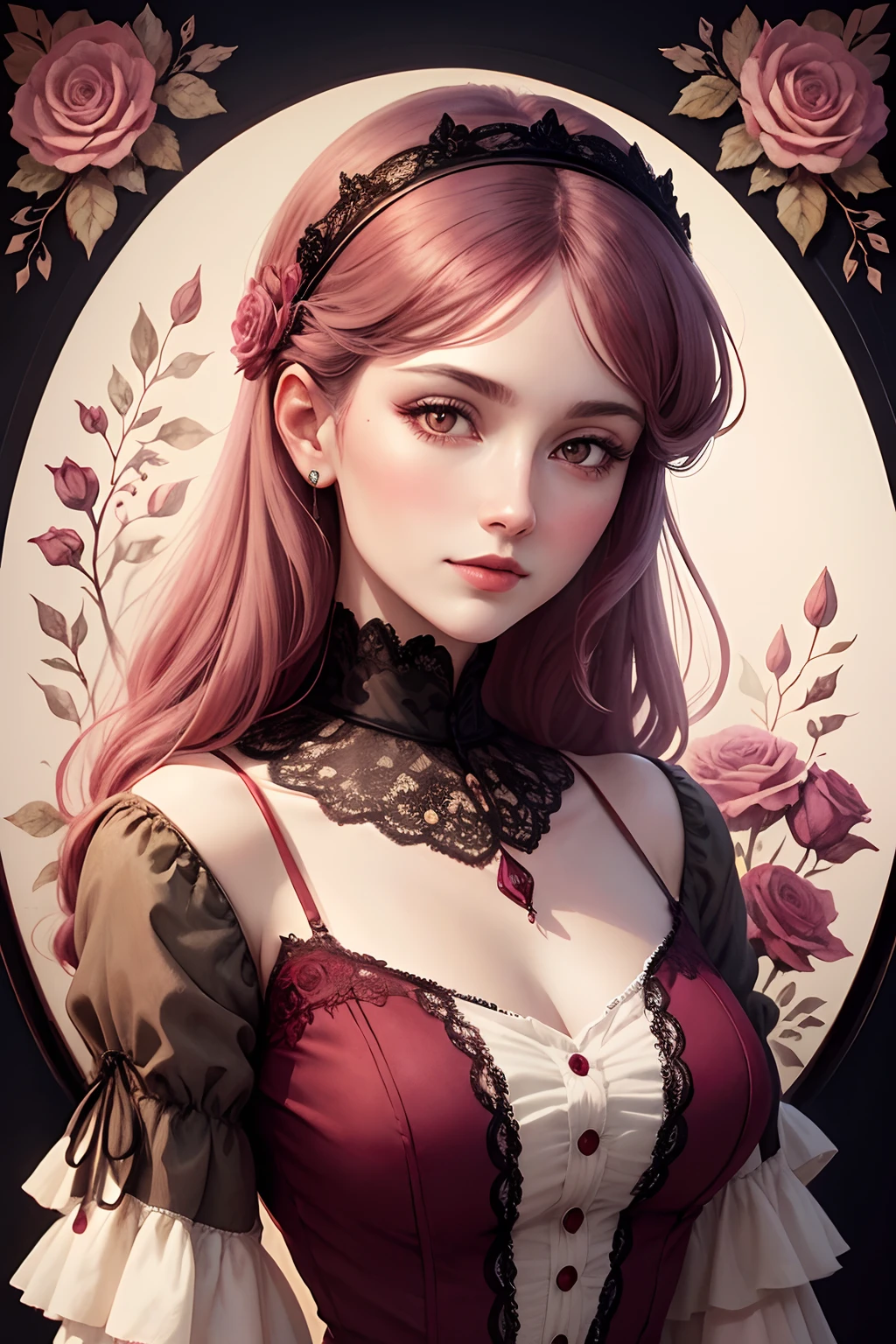 Ultra detailed watercolor illustration of a vintage Lady Gothic moon  in  burgundy baroque style with flowers in vintage style, elegant, intricate, very gentle, in the middle of the white background,