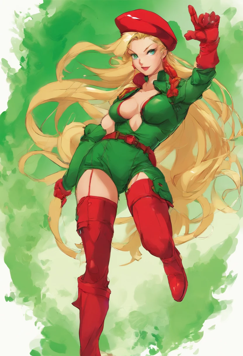 Cammy from street fighter she wears ((red beret)) (red gloves) ((she wears only a green bodysuit)) she's blonde with 1braid full body, military boots