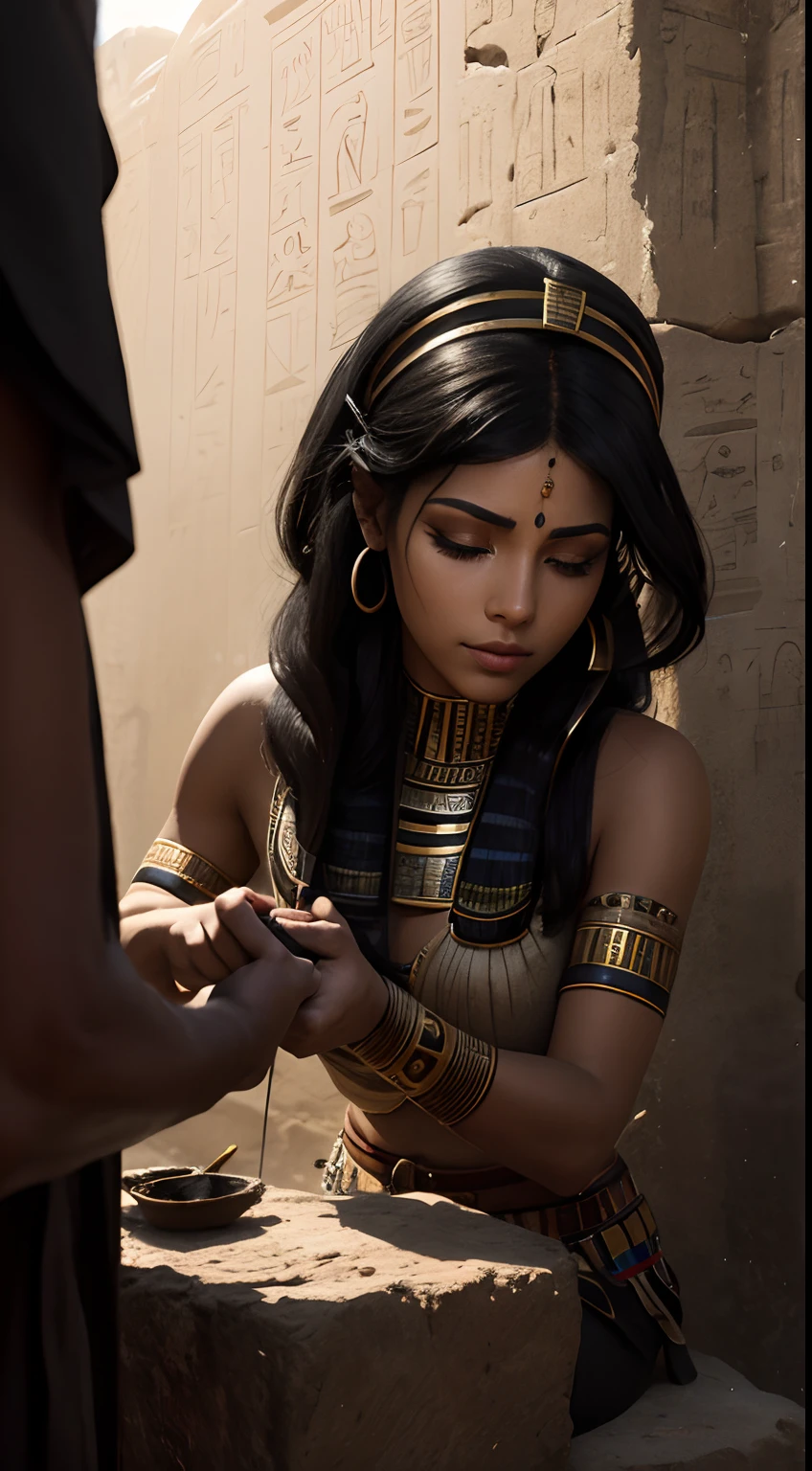 Create an image depicting an ancient Egyptian man and woman applying charcoal around their eyes, focusing on the dark line that extends from the corner of the eye to the side of the face.
