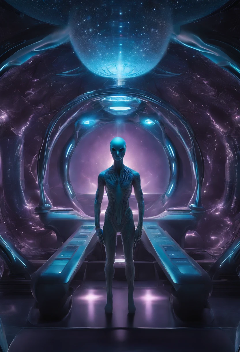 Extraterrestrial mothership, gathered several aliens based on biological quantum alien biological biological alien, corpoExotic biological beings, Advanced technology, atmosfera controlada, Geometria sagrada, ethereal light, telepathic communication, energetic harmony, Realidades paralelas, Hyperspace, Seres de Luz, elevated consciousness, Quantum Healing, cell regeneration, reinos espirituais, intergalactic community, Paz universal, cosmic unity, Amor Incondicional, spiritual evolution, interdimensional science, seres multidimensionais, conhecimento ancestral, cosmic serenity, Divine Purpose, sabedoria estelar, transcendence. Alien human inside a futuristic medical research lab serving human alien spirit bodies, Slender-bodied alien inside alien cell regeneration room, Giant multifaceted eye alien exploring alien hologram, Alien in futuristic alien costume inside the extraterrestrial genetic healing lab, Ete-Grey pink and purple alien in innovative alien environment, alien with telepathic abilities inside the alien medical research center, Curious and affectionate hybrid alien inside the futuristic alien laboratory, alien with multiverse view through the almond pupil inside the healing alien light chamber, Alien with bio-organic appendages on an alien humanoid body at the Alien Science Laboratory, alien with telepathic texture details inside the portrait of a humanoid alien, alien exploring the alien environment with advanced 3D modeling technology, Alien in futuristic costume with surreal lighting effects inside the futuristic alien room, alien with alien cybernetic implants in an alien medical research lab, alien with digitally enhanced alien atmosphere, Blue alien with elongated head inside an alien cell regeneration laboratory