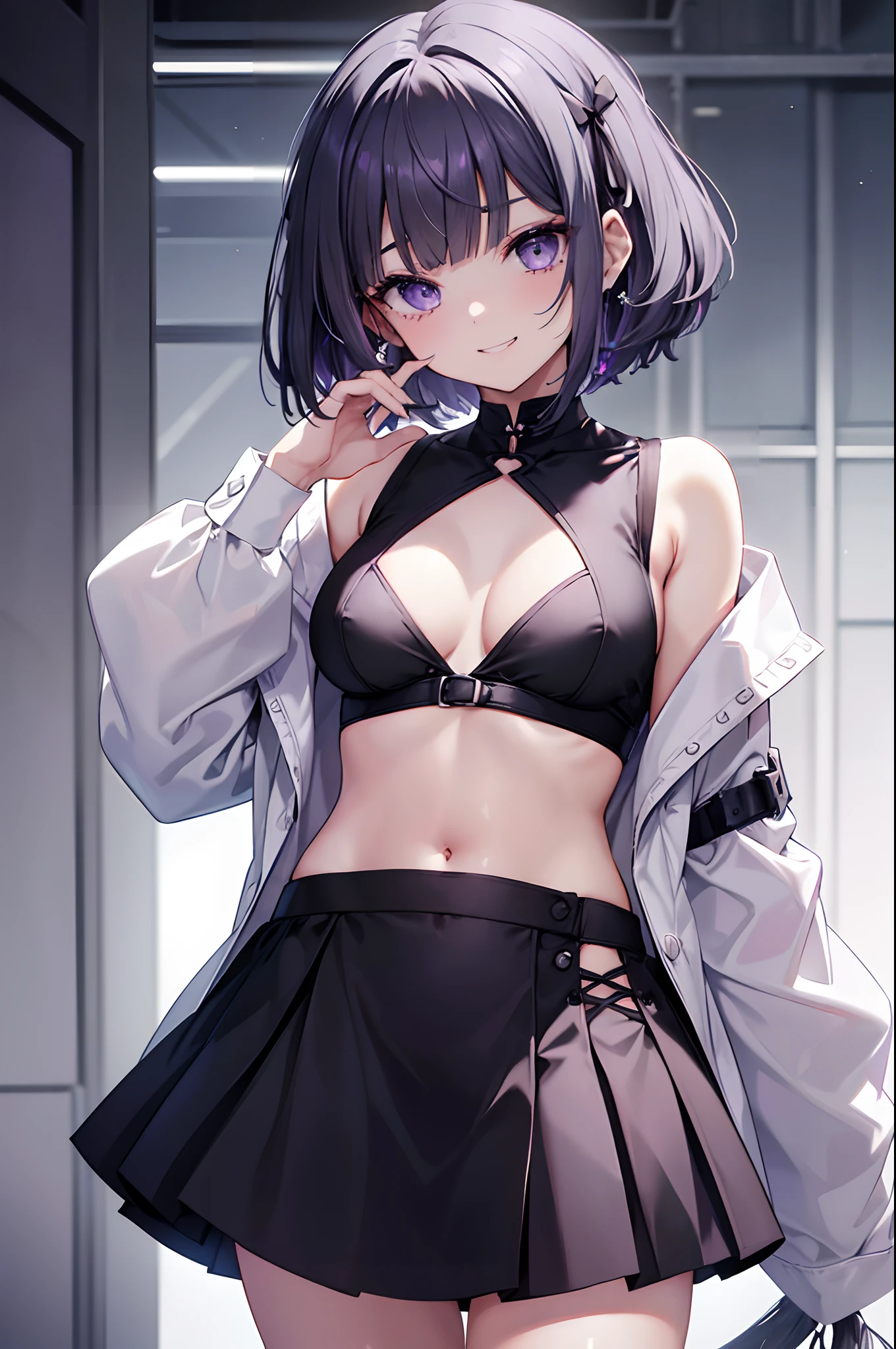 Silver midium hair、Mole under the eyes、teens girl、silver bob cut、Purple Eye、black parker、whiteshirt、Navel Ejection、a miniskirt、look from above、breasts are small、Black Hair Ribbon、Ass big、Thighs are attractive、Tsuriformes、Diagonal patsun bangs、Face with a grin、