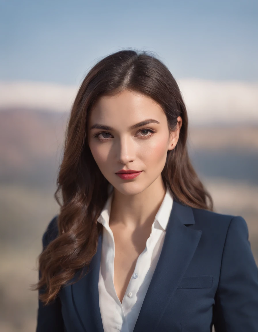 Woman wearing modern suit, front, vibrant colors, high quality photo, Canon EOS 5D Mark IV, 75mm F/1.8,(upper body)