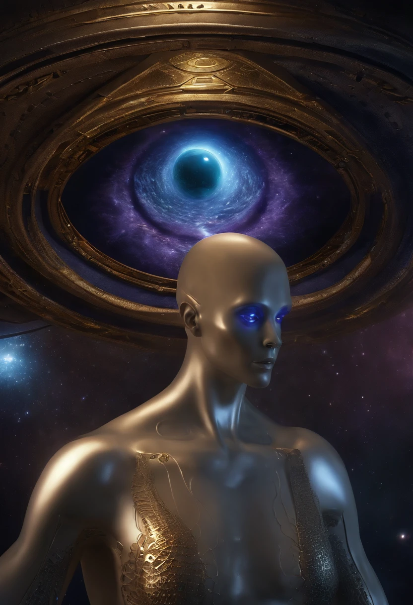 A meeting with several aliens, in a circle to debate the future of humanity, biological biological alien, corpoExotic biological beings, Advanced technology, atmosfera controlada, Geometria sagrada, ethereal light, telepathic communication, energetic harmony, Realidades paralelas, Hyperspace, Seres de Luz, elevated consciousness, Quantum Healing, cell regeneration, reinos espirituais, intergalactic community, Paz universal, cosmic unity, Amor Incondicional, spiritual evolution, interdimensional science, seres multidimensionais, conhecimento ancestral, cosmic serenity, Divine Purpose, sabedoria estelar, transcendence. Alien human inside a futuristic medical research lab serving human alien spirit bodies, Slender-bodied alien inside alien cell regeneration room, Giant multifaceted eye alien exploring alien hologram, Alien in futuristic alien costume inside the extraterrestrial genetic healing lab, Ete-Grey pink and purple alien in innovative alien environment, alien with telepathic abilities inside the alien medical research center, Curious and affectionate hybrid alien inside the futuristic alien laboratory, alien with multiverse view through the almond pupil inside the healing alien light chamber, Alien with bio-organic appendages on an alien humanoid body at the Alien Science Laboratory, alien with telepathic texture details inside the portrait of a humanoid alien, alien exploring the alien environment with advanced 3D modeling technology, Alien in futuristic costume with surreal lighting effects inside the futuristic alien room, alien with alien cybernetic implants in an alien medical research lab, alien with digitally enhanced alien atmosphere, Blue alien with elongated head inside an alien cell regeneration laboratory