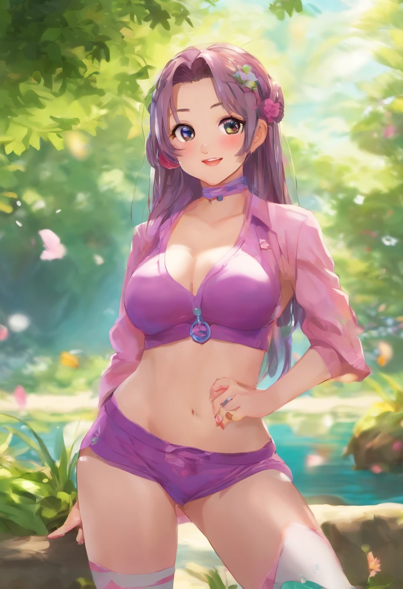 ((Best Quality)), (ultra-detailliert), ((Extremely detailed)), (Beautiful), ((Kawaii Girl)),(two side up hair)、((masutepiece)), (Detailed eyes and skin), ultra high res, adsurdres, (((vibrant colours))), bright colours, 1girl, human, human skin colour, solo, heart-shaped pupils, (Heart-shaped pupils:0.9), fingernails, (blush:1.1)(speed lines:1.1)((heavy breathing:1.3)) purple long hair, purple eyes, smug face, choker, cute top, gym top, revealing, shoulder cut dress, shoulders visible, cleavage visible, (underboobs visible), cleavage cutout, underboobs, midriff, abs, slight muscles, light muscular, Showing the belly, light muscles, (((muscular abs))), bloated abs, bulging abs, bloated belly, bulging belly, bloated belly with a silhouette of visible abs, slim waist, thin back, accurate belly button, accurate lower belly, (((abs))), (((accurate belly button))), round belly, panty strings, gym shorts, thighs, clean body, sexy pose, aroused, arousing, background is an alley in a garden, detailed sunlight, sitting, dappled sunlight, day, depth of field, plants, summer, (dutch angle), kipteitei, dappling sunlight, Background Chinese Antiquity、thatched hut、springtime、jungles、lakes、hole in the mountains、waterfallr,The tree、grassy fields、Rochas、hot onsen、hydrosphere、(illustratio:1.0)、Epic composition、Realistic lighting、high definition detail、tmasterpiece、Best quality,(非常详细的 CG 统一 8k 壁纸), by (by Pino Daeni, (by ruaidri), yupa, kiyosan), detailed background, anime, (dark shadows, wide dynamic range, hdr, low light:1.2).