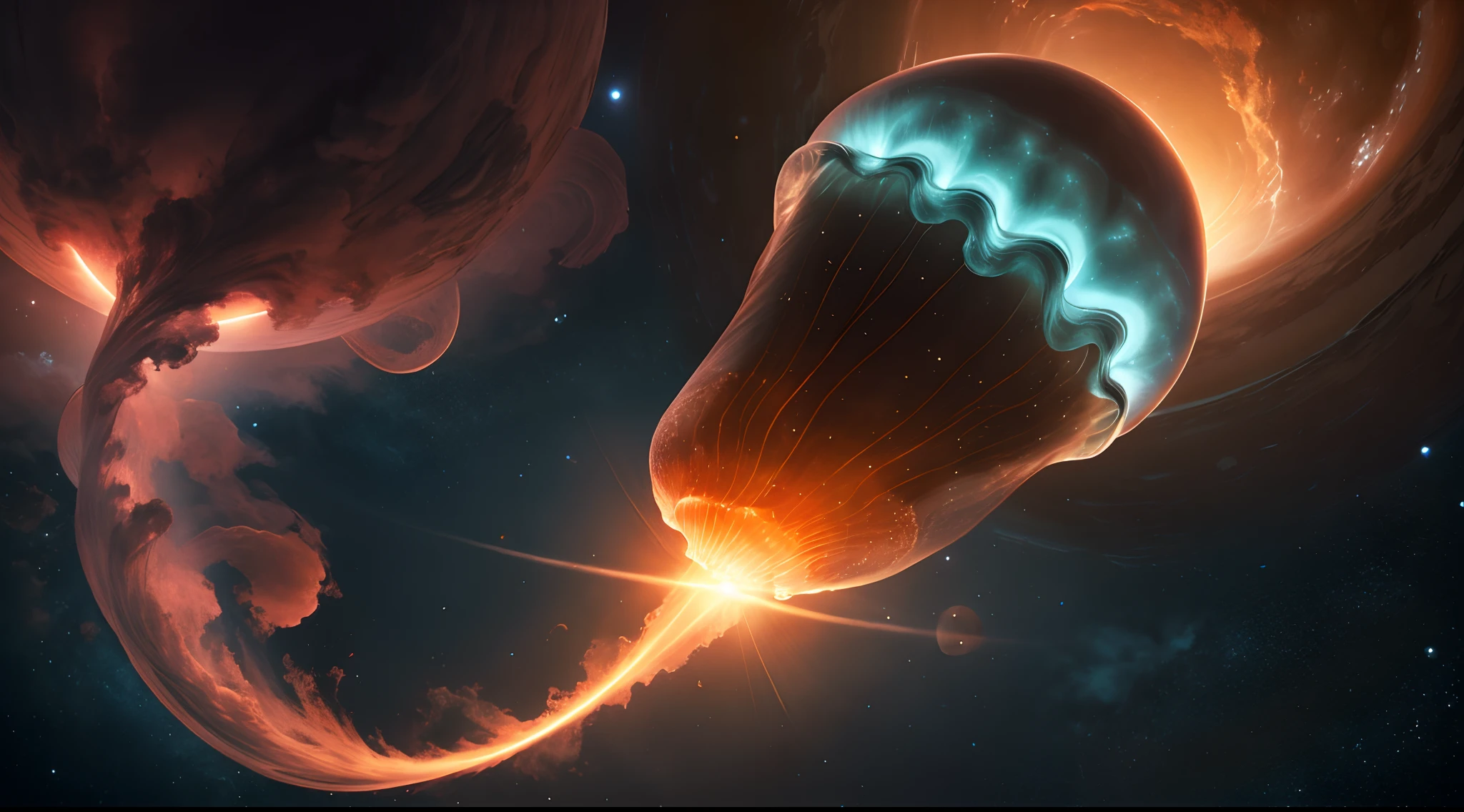 a huge alien jellyfish floating in the atmosphere of a gas giant planet, brown and tan clouds, lighting