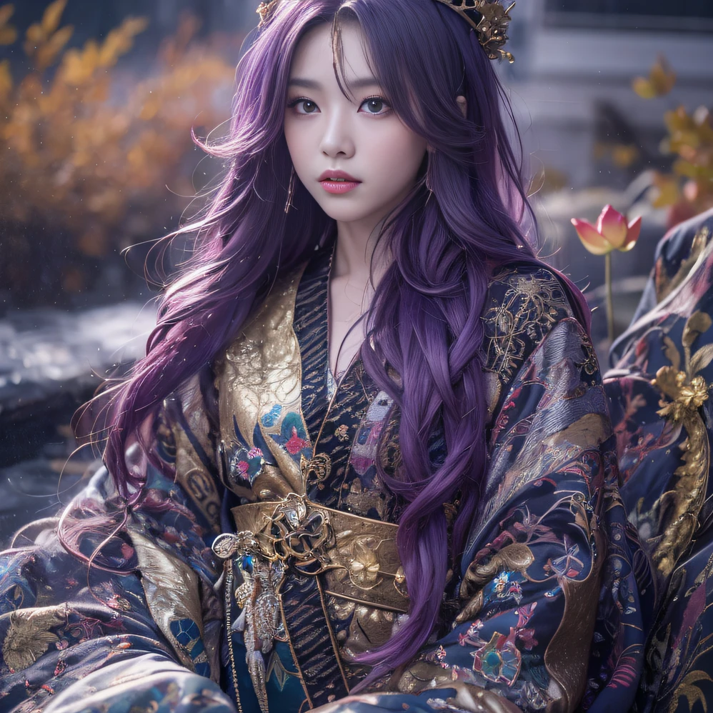 Genki Girl 32K(tmasterpiece,k hd,hyper HD,32K)Long flowing bright purple hair,Autumn Pond,zydink, a color, Asian people (Genki girl), (Silk scarf), Combat posture, looking at the ground, long whitr hair, Floating bright purple, Fire cloud pattern gold tiara, Chinese long-sleeved gold silk garment, (Abstract metaverse splash:1.2), white backgrounid,Lotus vitality protector(realisticlying:1.4),Bright purple hair,Smoke on the road,The background is pure, A high resolution, the detail, RAW photogr, Sharp Re, Nikon D850 Film Stock Photo by Jefferies Lee 4 Kodak Portra 400 Camera F1.6 shots, Rich colors, ultra-realistic vivid textures, Dramatic lighting, Unreal Engine Art Station Trend, cinestir 800,A girl with long flowing bright purple hair