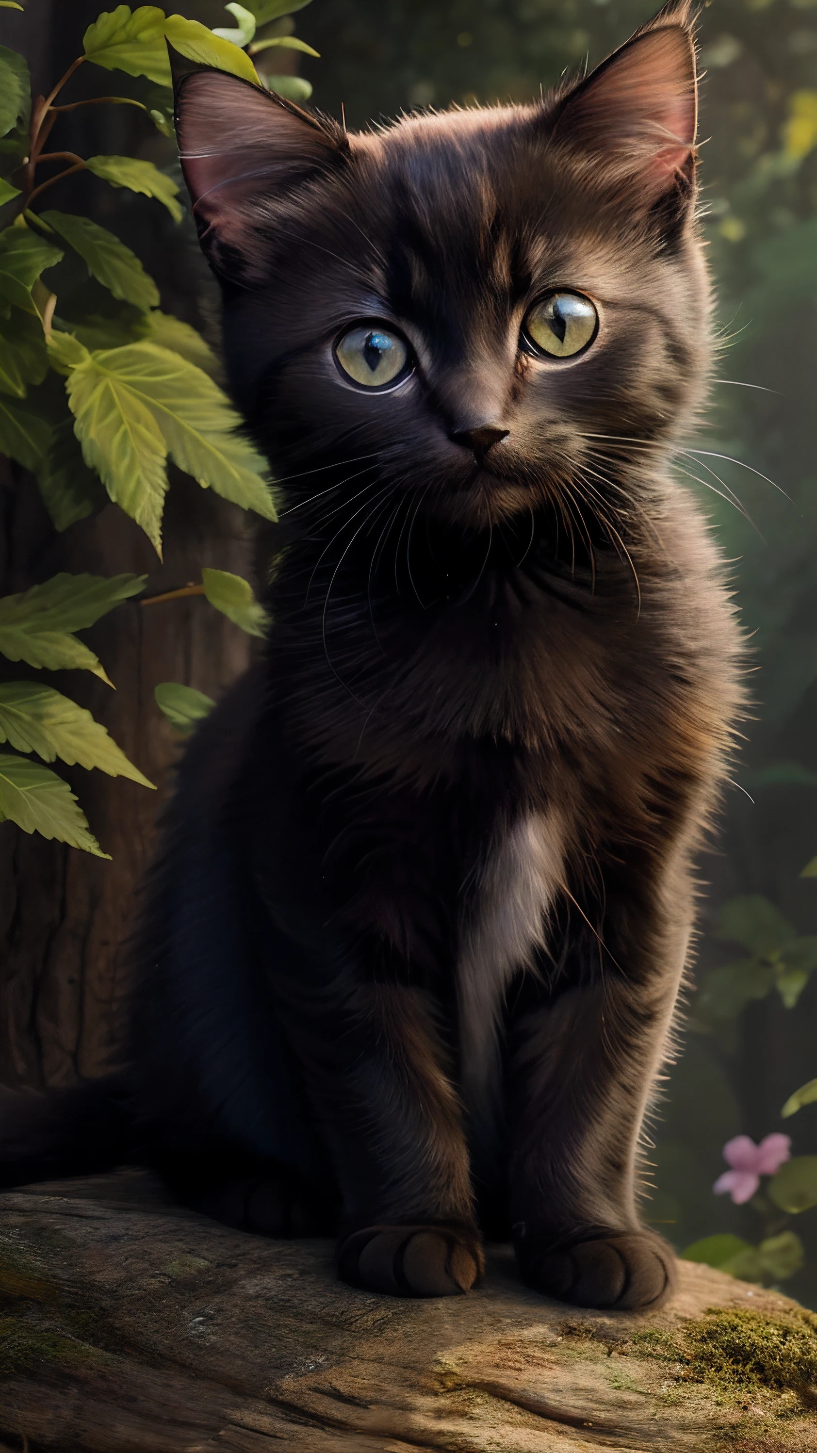Es gibt eine Katze, die auf einem Felsen neben einem Baum steht, niedliche schwarze Katze, Tolle schwarze Katze, An adorable black kitten, Cute black kitten, eine niedliche schwarze Katze, Foto der niedlichen schwarzen Katze, The cutest black kitten ever, Neugieriger Gesichtsausdruck, niedliche schwarze Katze, beautiful, Verschmitzter Blick, schwarze Katze im Wald, Cute and adorable, Pretty animal, Fersen-POV, fotorealistisch, highest quality