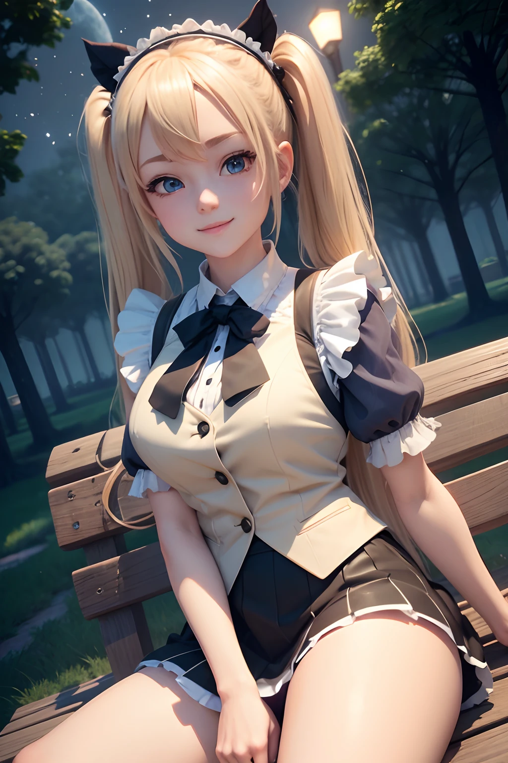 render of a cute 3d anime girl,Smiling blonde twintail with blue eyes wearing vest sitting on park bench at night,half moon, Selfie wind, Angle from below,wide angles,Angle from the front,Looking up at the sky,maid apronl, a closeup,the woods, Night, 8K portrait rendering, Smooth Anime CG Art, Rin,Open legs,White underwear