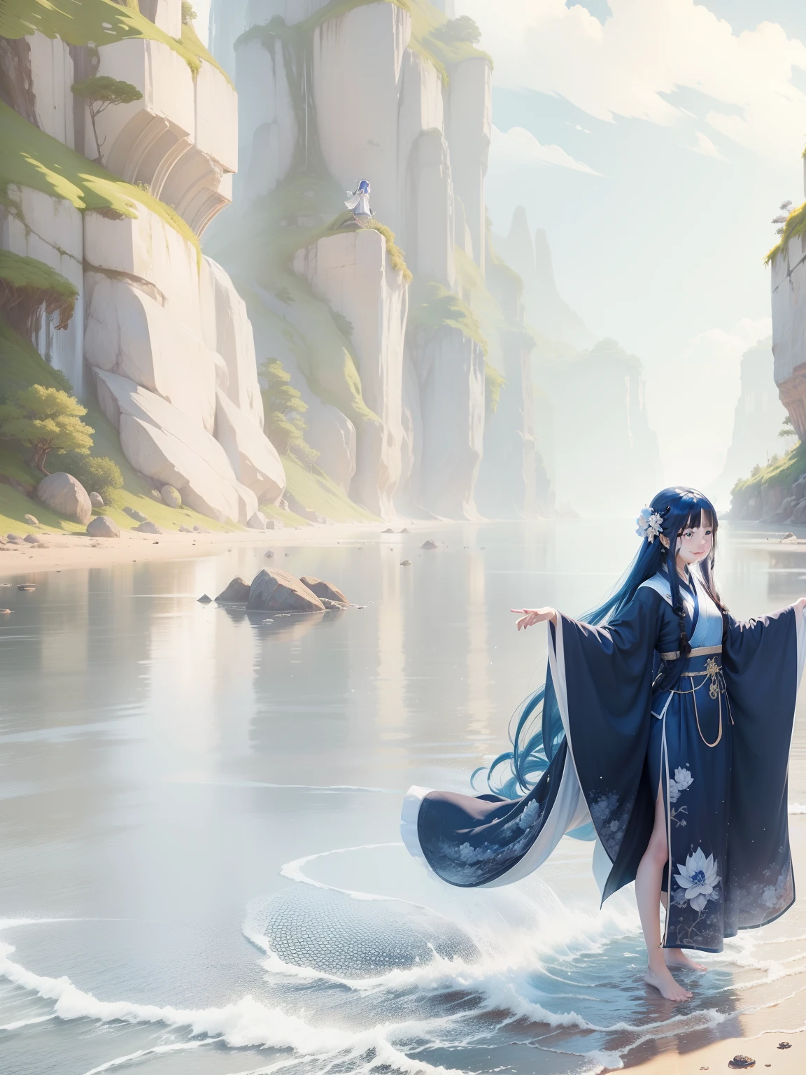 ((4k,masterpiece,best quality)), shuimobysim, traditional chinese ink painting, lotus, hanfu, maxiskit, dress conservatively
1girl, solo, long blue hair, smile, standing, feet in the water, barefoot,