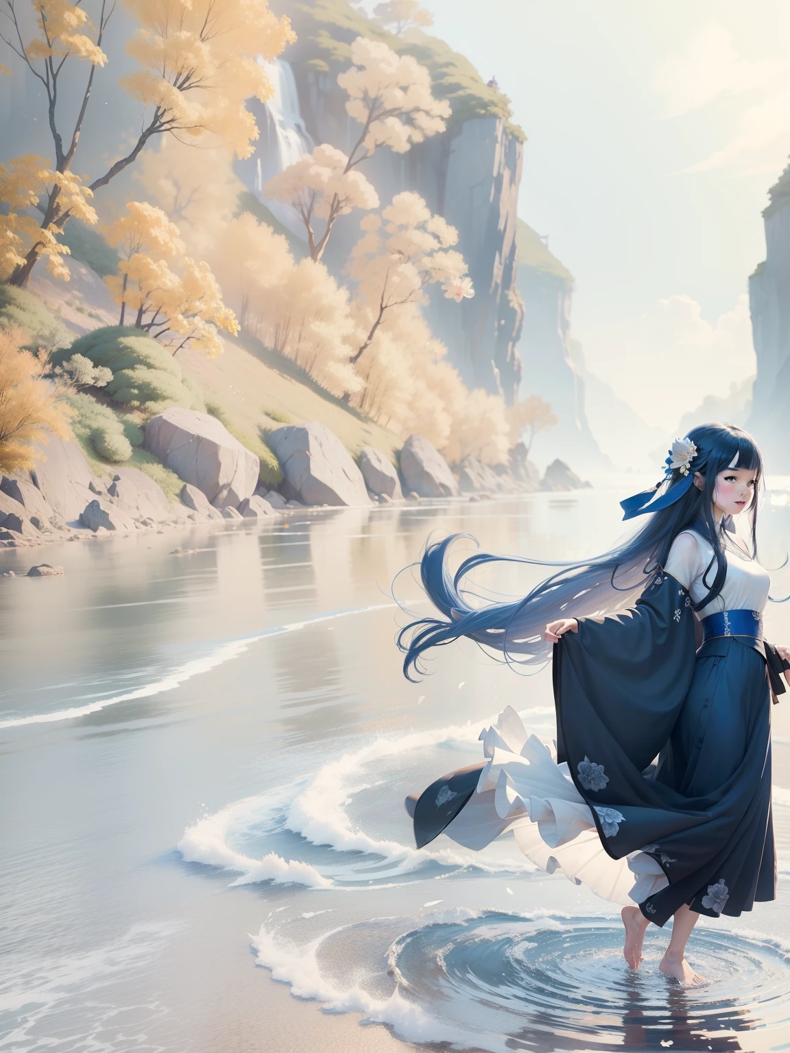((4k,masterpiece,best quality)), shuimobysim, traditional chinese ink painting, lotus, hanfu, maxiskit, dress conservatively
1girl, solo, long blue hair, smile, standing, feet in the water, barefoot,