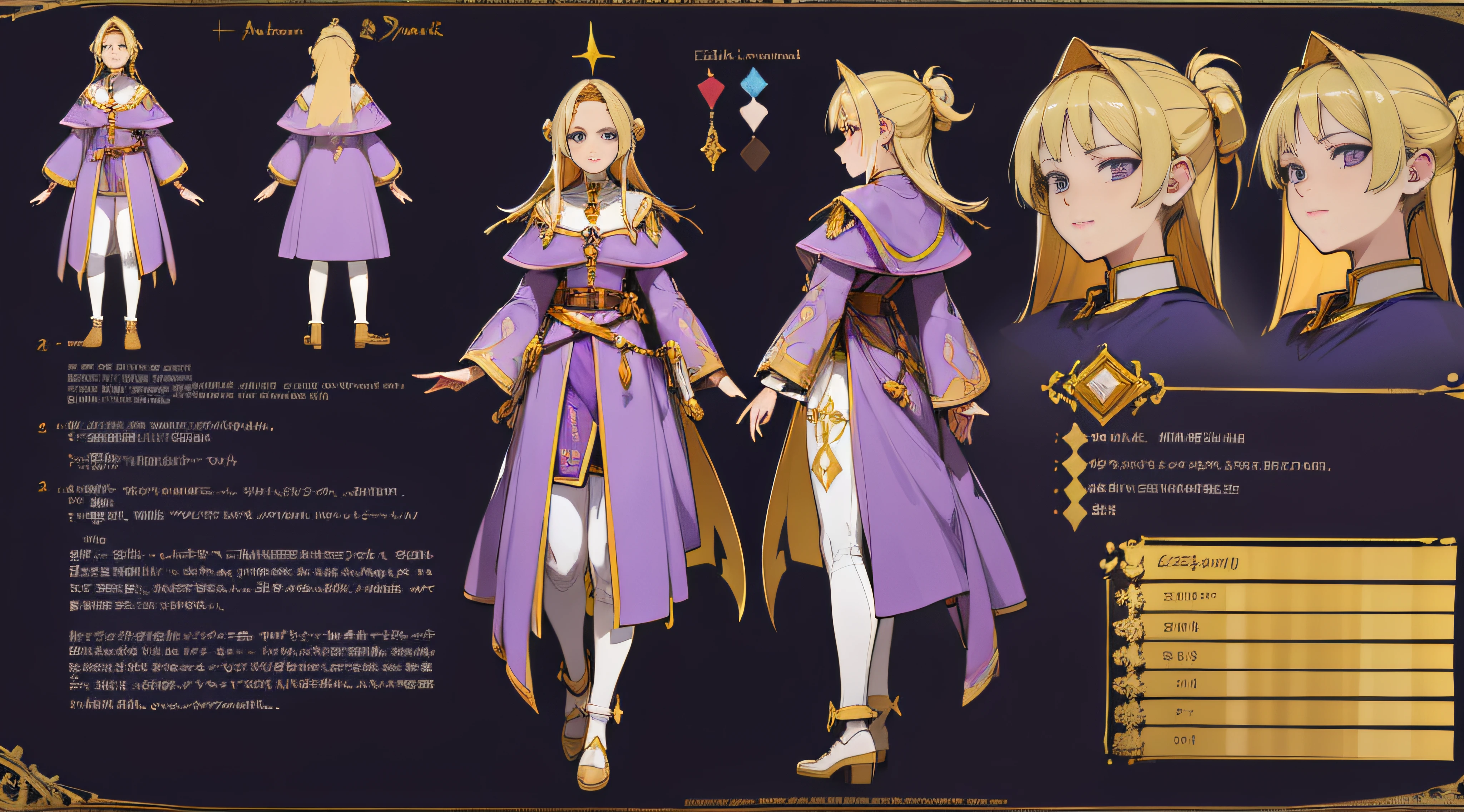 3D rendering of Jean-Bernad Makima as a High Healing Priest, detailed face, Gold and purple high priest cosplay, ((character sheet)), Character details, Character elements, many items for sorcerer