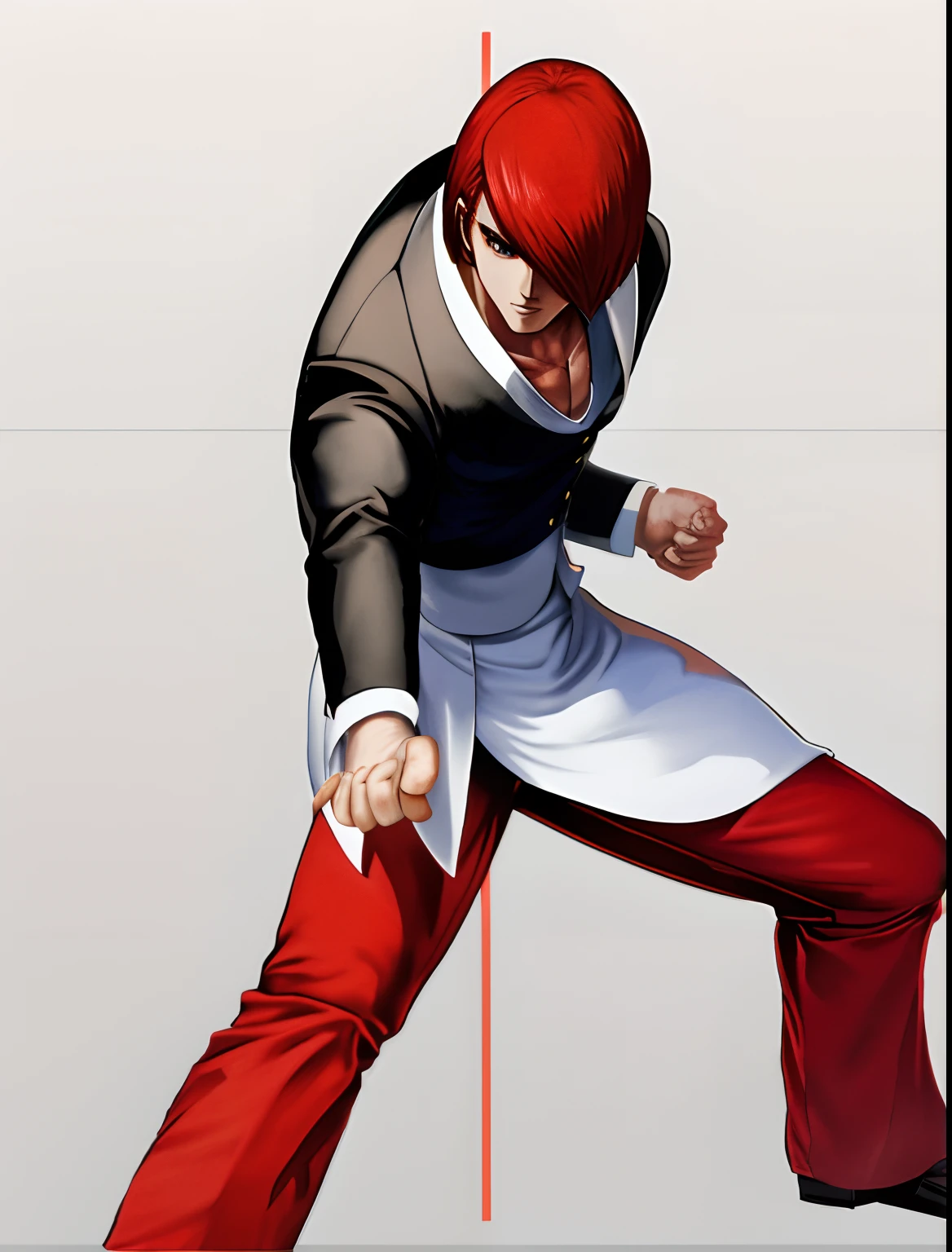 tmasterpiece，best qualityer，Yagami-an，1boy,red tinted hair，Black and white top，Red pants，musculature，fit and muscular body，Blue flame，king of fighters style，Fighting stance