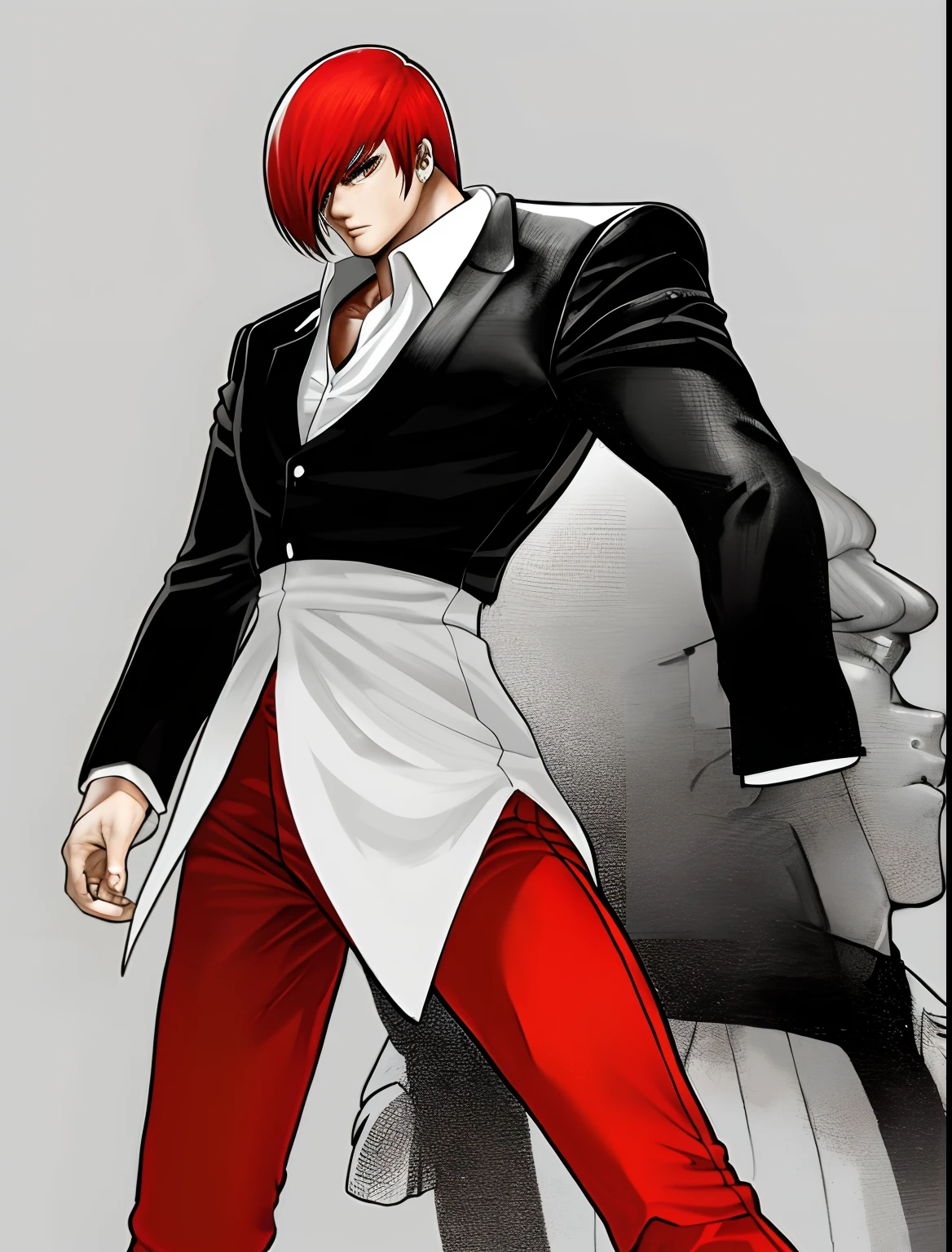 tmasterpiece，best qualityer，Yagami-an，1boy,red tinted hair，Black and white top，Red pants，musculature，fit and muscular body，Blue flame，king of fighters style，Fighting stance