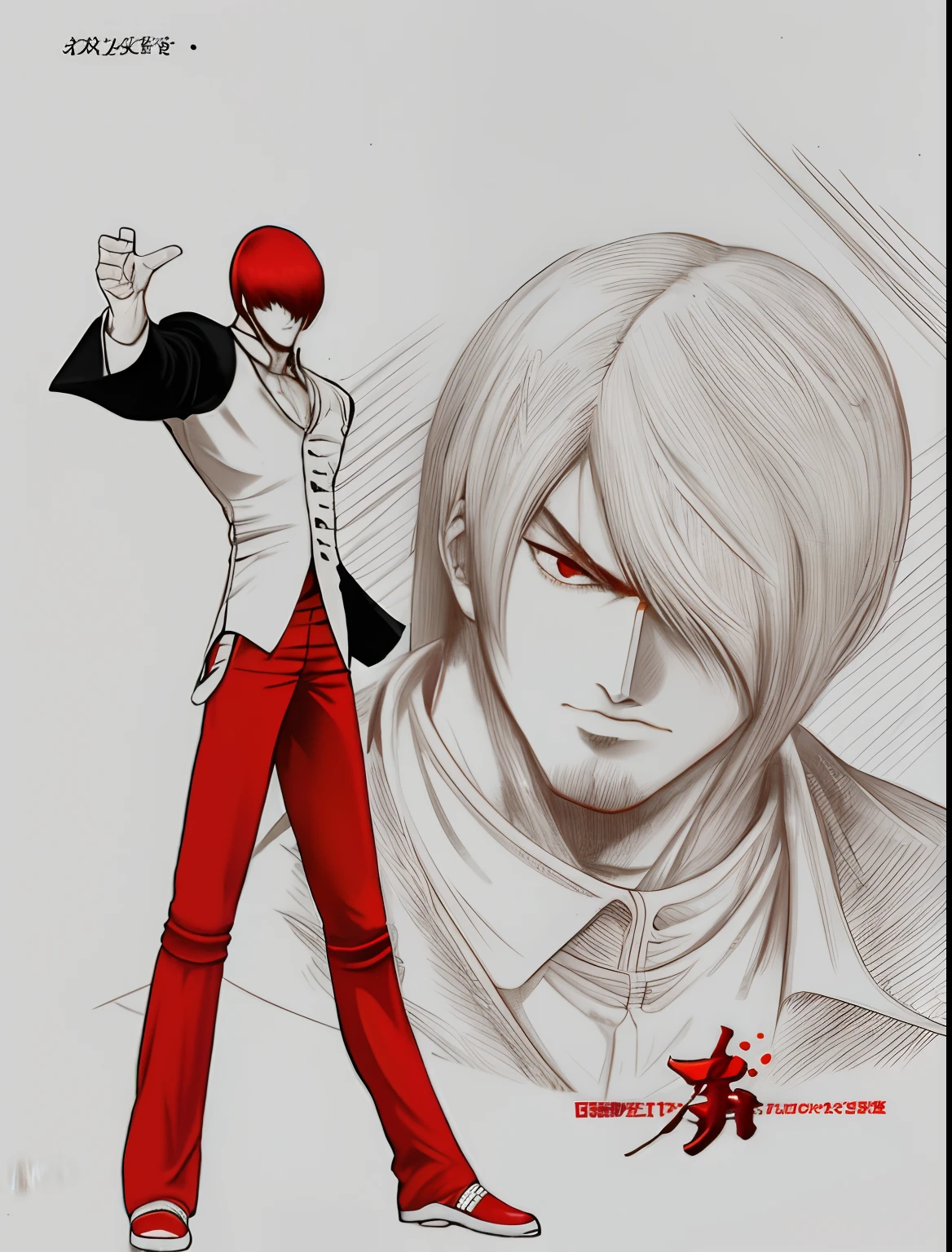 tmasterpiece，best qualityer，Yagami-an，1boy,red tinted hair，Black and white top，Red pants，musculature，fit and muscular body，Blue flame，king of fighters style，Fighting stance