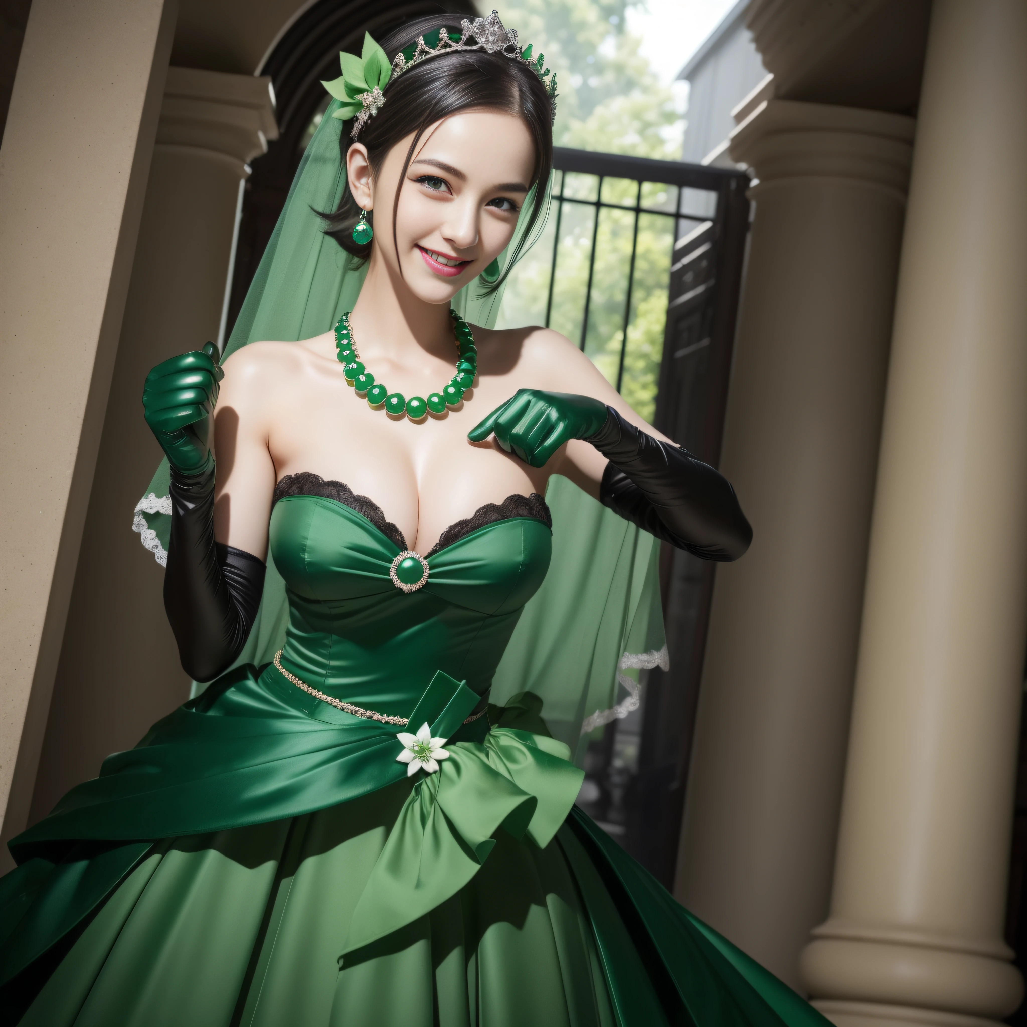 Boyish very short black hair, lipsticks, Japan woman smiling, Green Long Grove, Long green gloves made of satin material, lipsticks, Japan woman smiling, Satin green long gloves, Green Pearl Necklace, verd s eyes, Green eyes, Long green gloves made of satin material, big breasts beautiful, Green Bridal Veil, Emerald Earrings, Green dress, Boyish very short black hair, Make a clenched fist, emerald tiara, Green eyes