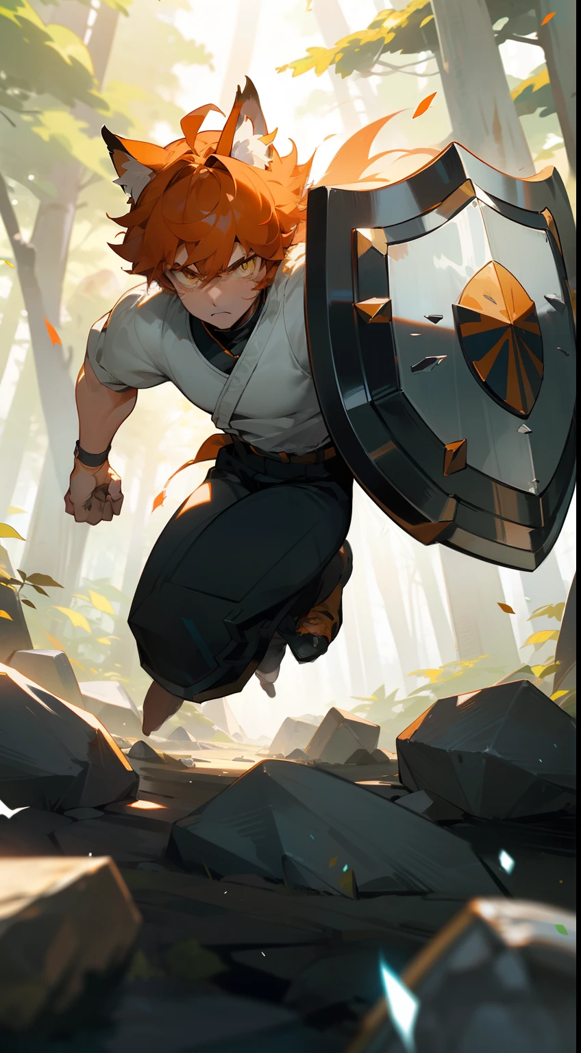 1boy,solo,20s,muscles,serious face,white shirt,black pants, Orange hair,short hair,yellow eyes,wolf ears,1wolf tail,hidden arms,(((running in front of a forest,stones around))),(((attacking holding an 2shield))