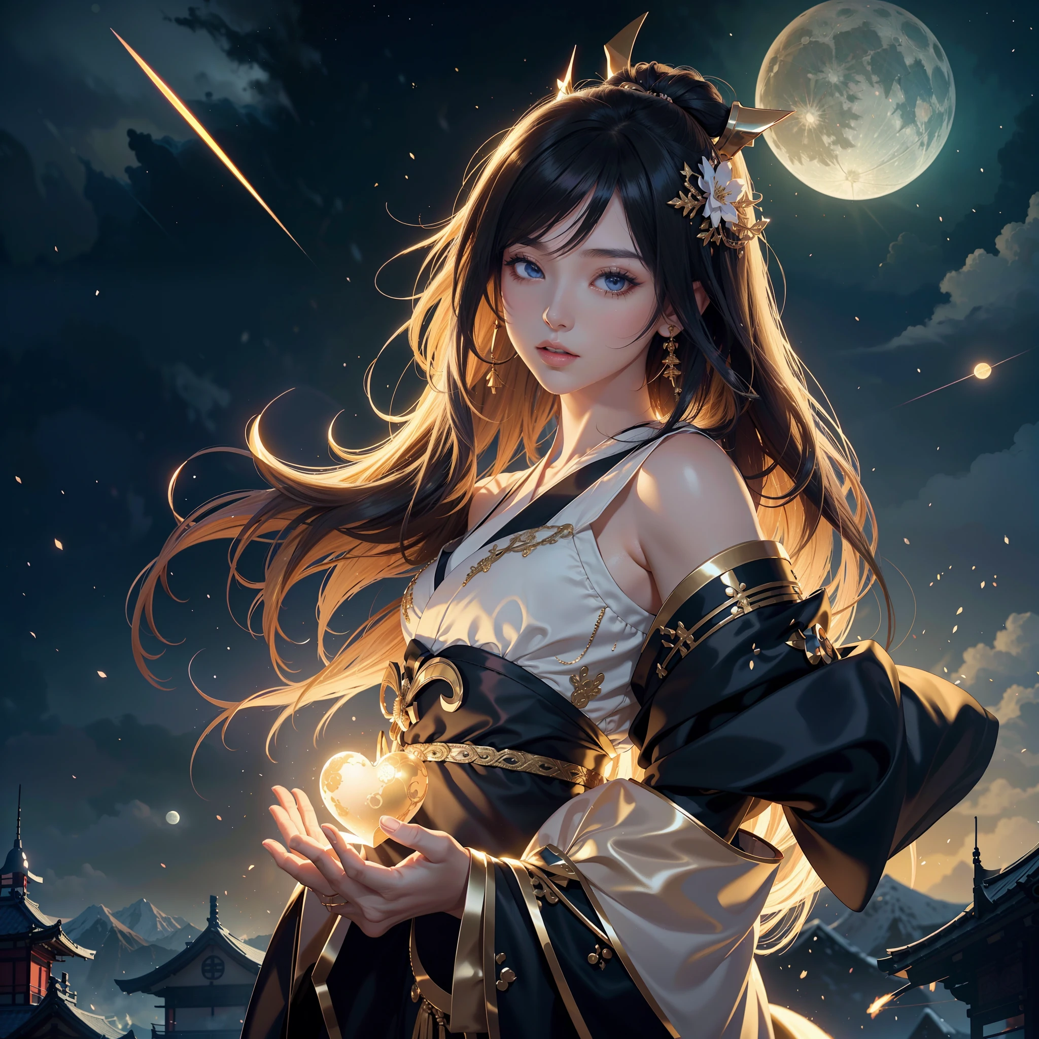 watching at viewers、Ancient capital and moon in the background、{{{Create a top quality 2D graphics of a winter RPG view, featuring vivid colors of the starry sky.}}}、poneyTail、glossy dark hair、cute face、age Japan、{{{Luxury kimono(Black kimono(Detailed golden embroidery,))}}}、face perfect,Depict a beautiful and graceful woman of Japan。Heart in the eye。full body Esbian。 Beautiful anime art wallpaper 8k, beautiful fantasy anime, Beautiful anime, Detailed anime artwork.Blur the background with a sickle,((masutepiece)), ((Best Quality))