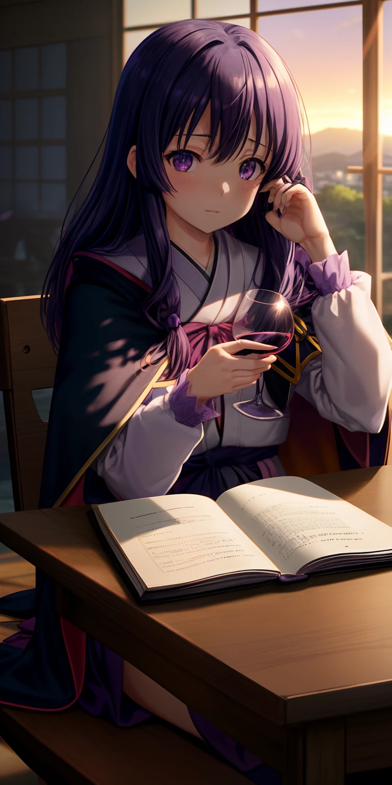 ai hoshino, purple eyes, eyes, sunrise, hair blowing, torogao, magical school, chromatic aberration, looking at viewer, (solo:1.1), depth of field, cloak, cape, black cloak, wine glass, Kyoto Animation screencap, anime screencap, table, sitting on a chair, class, ((holding book:1)),