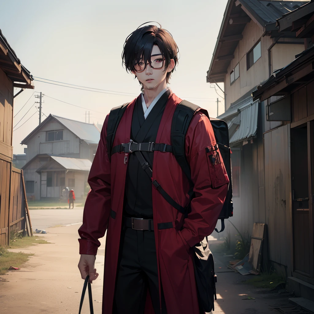 (((masterpiece))), (((best quality))), ((8k)), ((ultra-detailed)) (asian man :1.2), (solo man), (apocalipse zombie), wearing long clothes, abandoned house background, realistic apocalipse clothes, holding backpack on hand, using red glasses