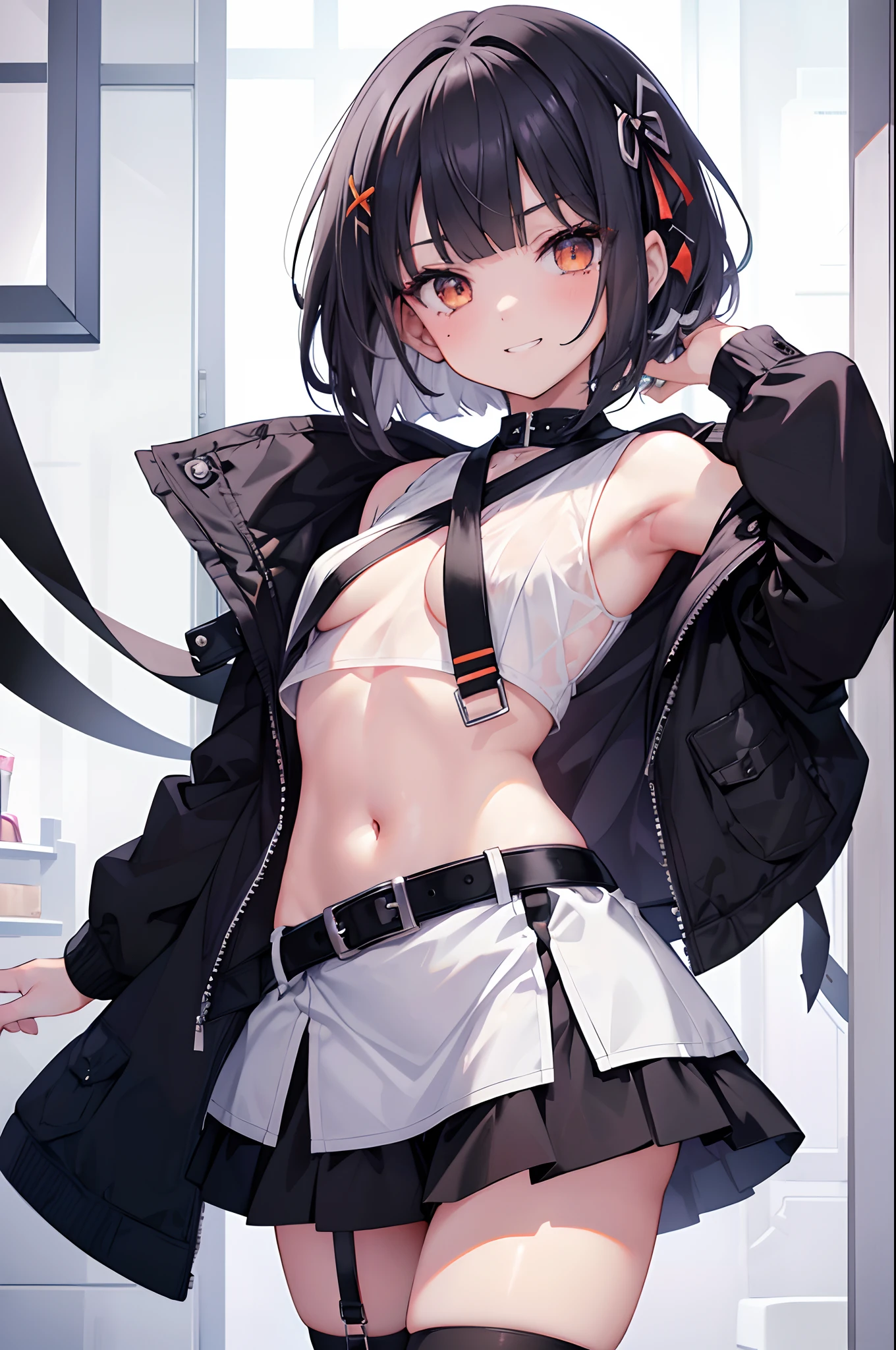 Silver midium hair、Mole under the eyes、teens girl、silver bob cut、Orange eyes、black parker、whiteshirt、Navel Ejection、a miniskirt、look from above、small tits、Black Hair Ribbon、Ass big、Thighs are attractive、Tsuriformes、Diagonal patsun bangs、Face with a grin、