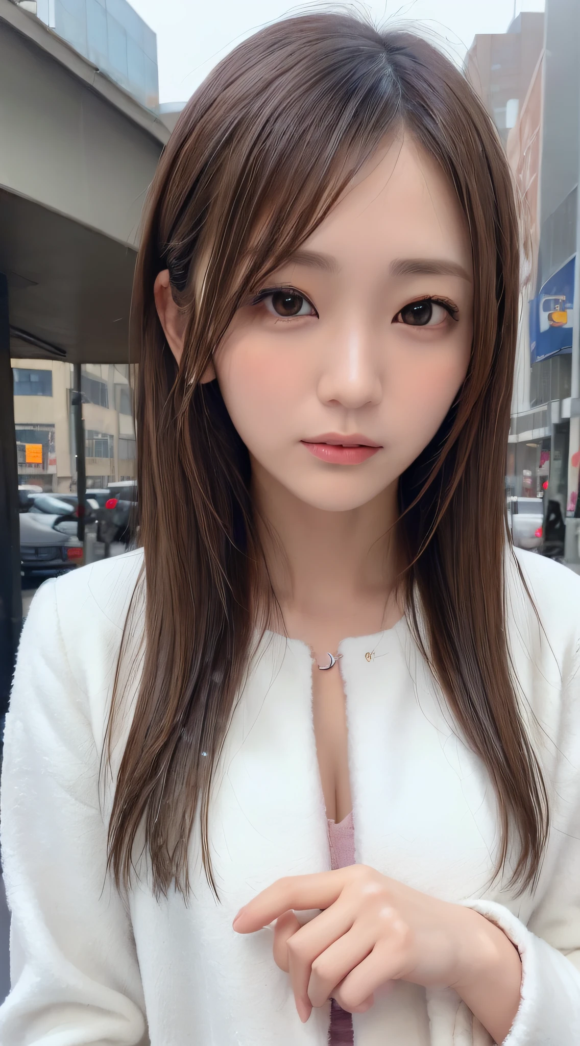 1womanl, (up of face:2.0), light brown hair, Blunt bangs, hair behind ear, hair over shoulder, Long hair, Ultra Fine Face, Thin face, Delicate lips, (beautidful eyes:1.5), thin blush, eyes are light brown,View here, Ultra-thin hands, Ultra-fine fingers, best ratio four finger and one thumb, white longcoat, muffler ,Bay Area, It's snowing ,One-person viewpoint, 8K, masutepiece, nffsw, Super Detail, High quality, Best Quality, hight resolution,