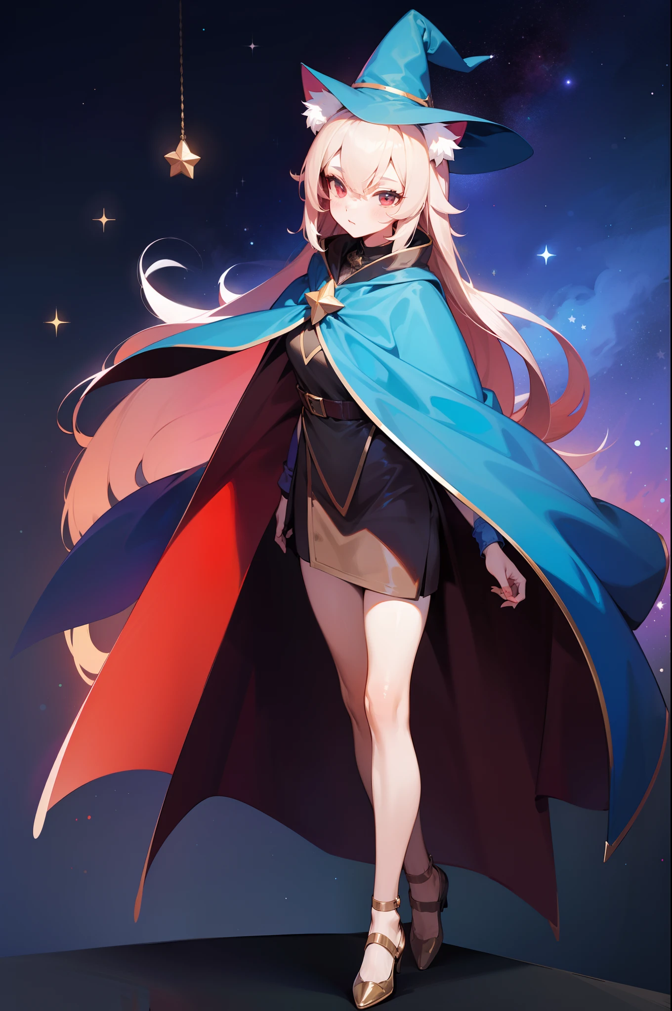 Cat-eared girl,A cat's tail,Long khaki hair,red color eyes,Wearing a blue magic cloak,Wears a wide blue witch hat,Star decoration,Star background,Full body like