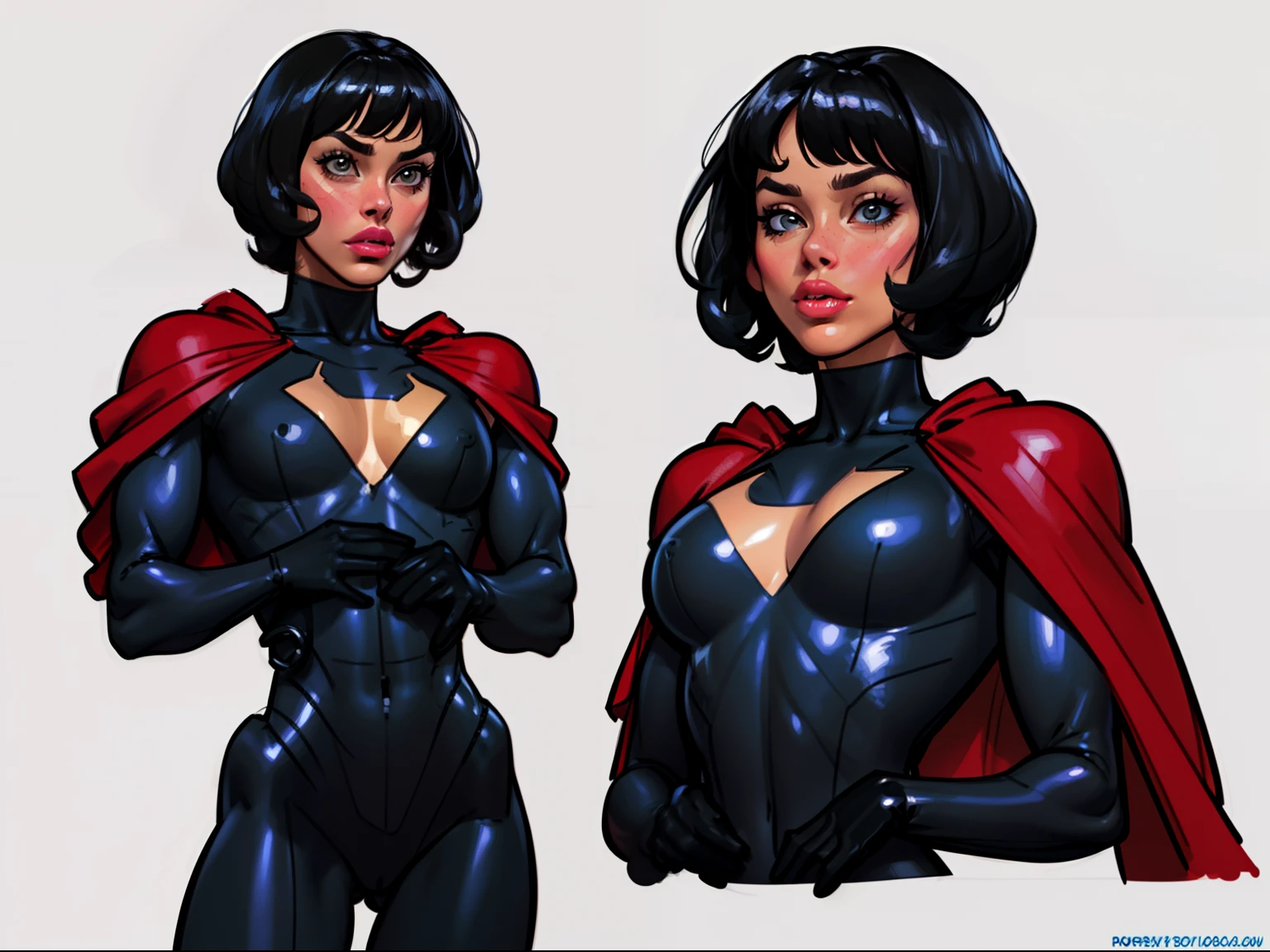 ((masterpiece)),(((best quality))),((character design sheet)), ((full body view)) illustration,1girl, muscular, ((black bodysuit:1.7)), superhero, (short curly red hair:1.5), (blue cape:1.5) ((detailed face:1.4)) beautiful woman, (short curly hair:1.6) (small head:1.2), (flat breasts:1.3), (blue thighhighs:1.3), shiny skin, (blue logo on chest:1.4),scribbles and marks, (puffy lips:1.5), (full lips:1.4) (wide hips:1.3), big lips, detailed lips, (red gloves:1.2) rough sketches, pose, 8k,16k, (simple background, white background: 1.3)