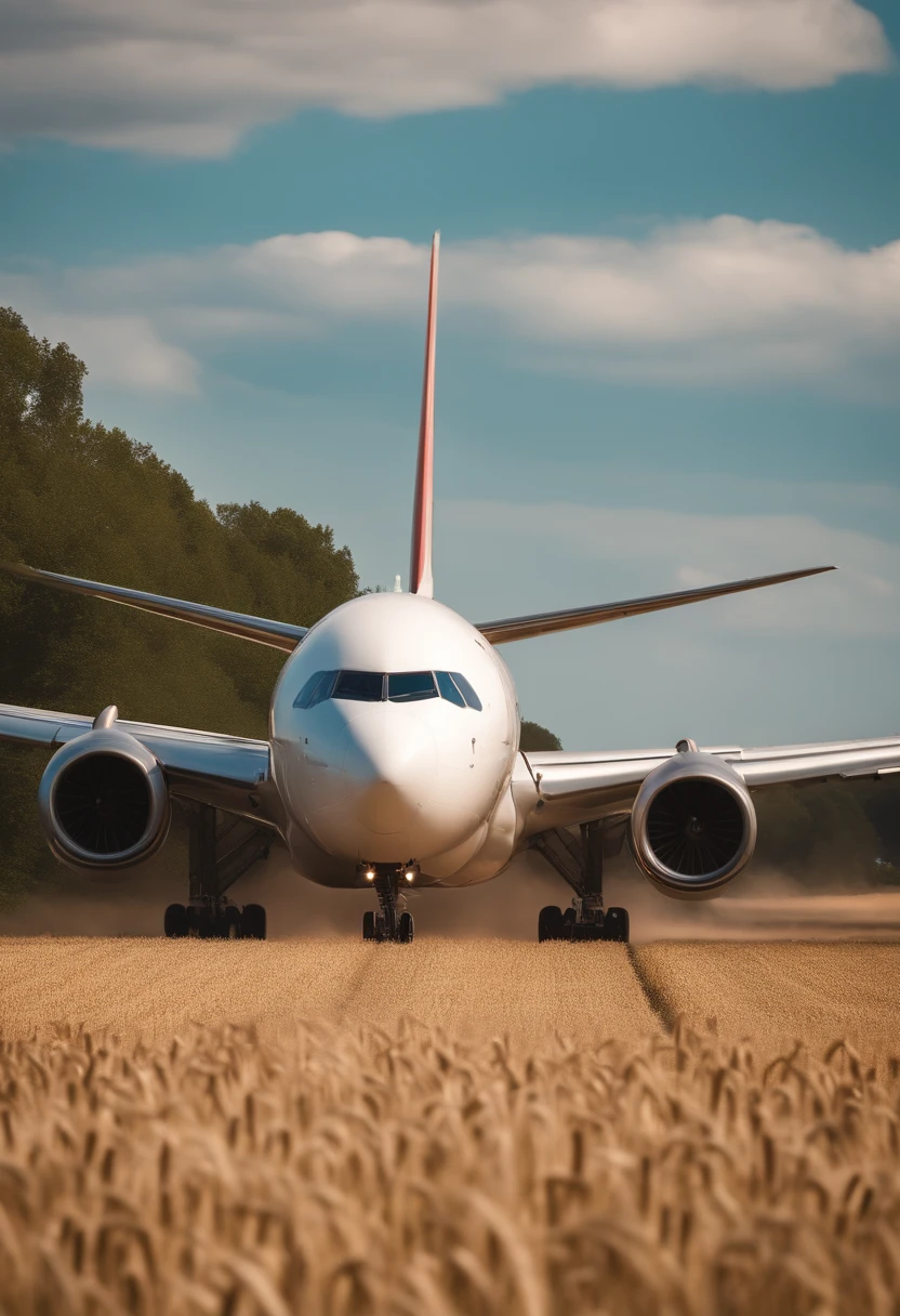 a long-haul airliner with two engines under the wings stands in the middle of a wheat field, inflatable slides are released from the doors of the plane, people with suitcases stand nearby, blue sky, tall trees in the background