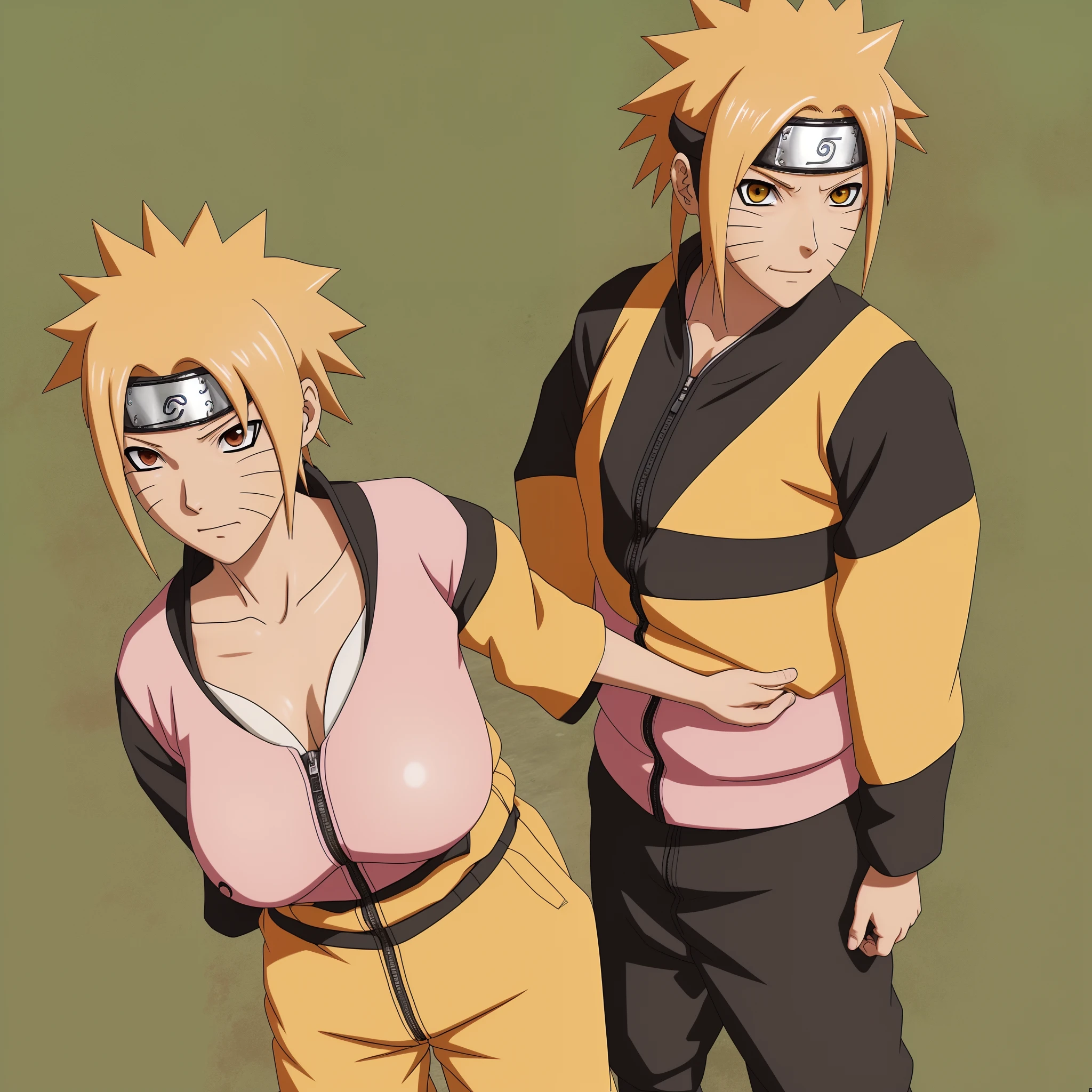 (Naruto fusion with sakura:1.1), looking to you, big breast, (yellow and pink hair color:1.1), pink ninja suit, big breast, (solo:1.2)
