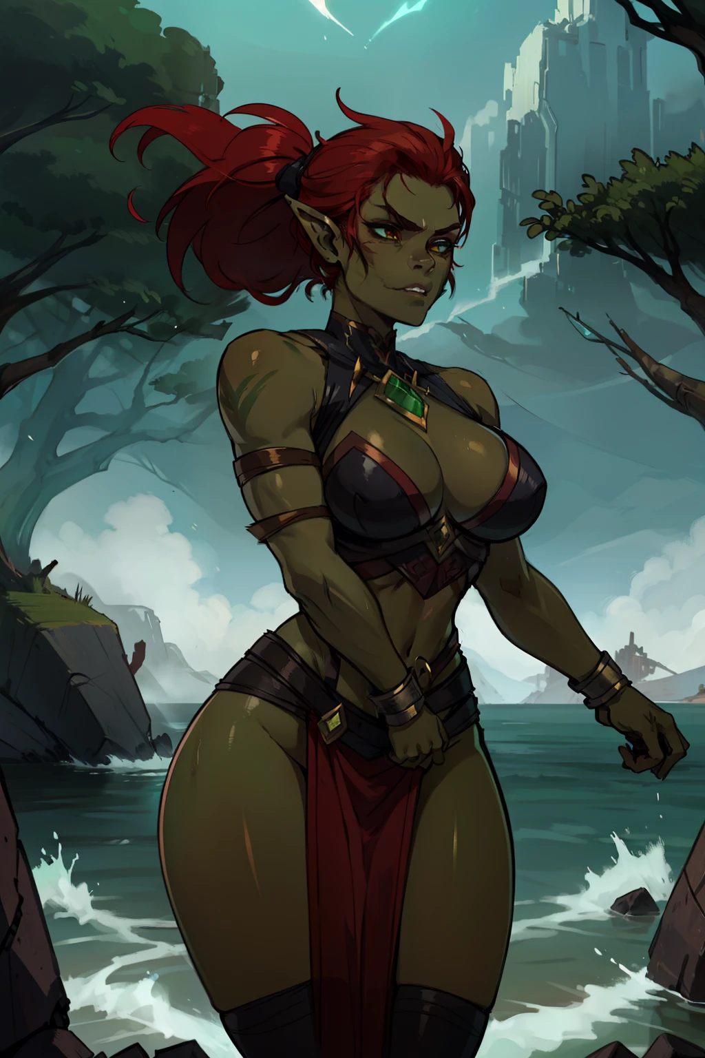 enchanting female half-orc warrior, a true testament to the fusion of human and orc ancestry. Her skin radiates an otherworldly green, vibrant like the emeralds. This captivating hue imbues her with an ethereal aura, accentuating her uniqueness.
Her physique is that of a battle-hardened warrior, with toned green muscles that speak of her dedication to combat. Her arms bear the marks of numerous victories, each scar a testament to her indomitable spirit. A finely crafted set of armor adorns her, a blend of rugged orc craftsmanship and elegant human design, serving as both protection and a statement of her strength.
Her red hair cascades down her back in fiery waves, echoing the ferocity of her nature. Strands of crimson dance in the wind as she charges into battle, an embodiment of both grace and power.
The hallmark of her appearance lies in her fierce and elongated fangs, gleaming with an almost luminescent quality against her verdant skin. These formidable fangs, unique to her orc lineage, are a testament to her ancestry and serve as a reminder of her unwavering determination, master piece, best quality, award winning art