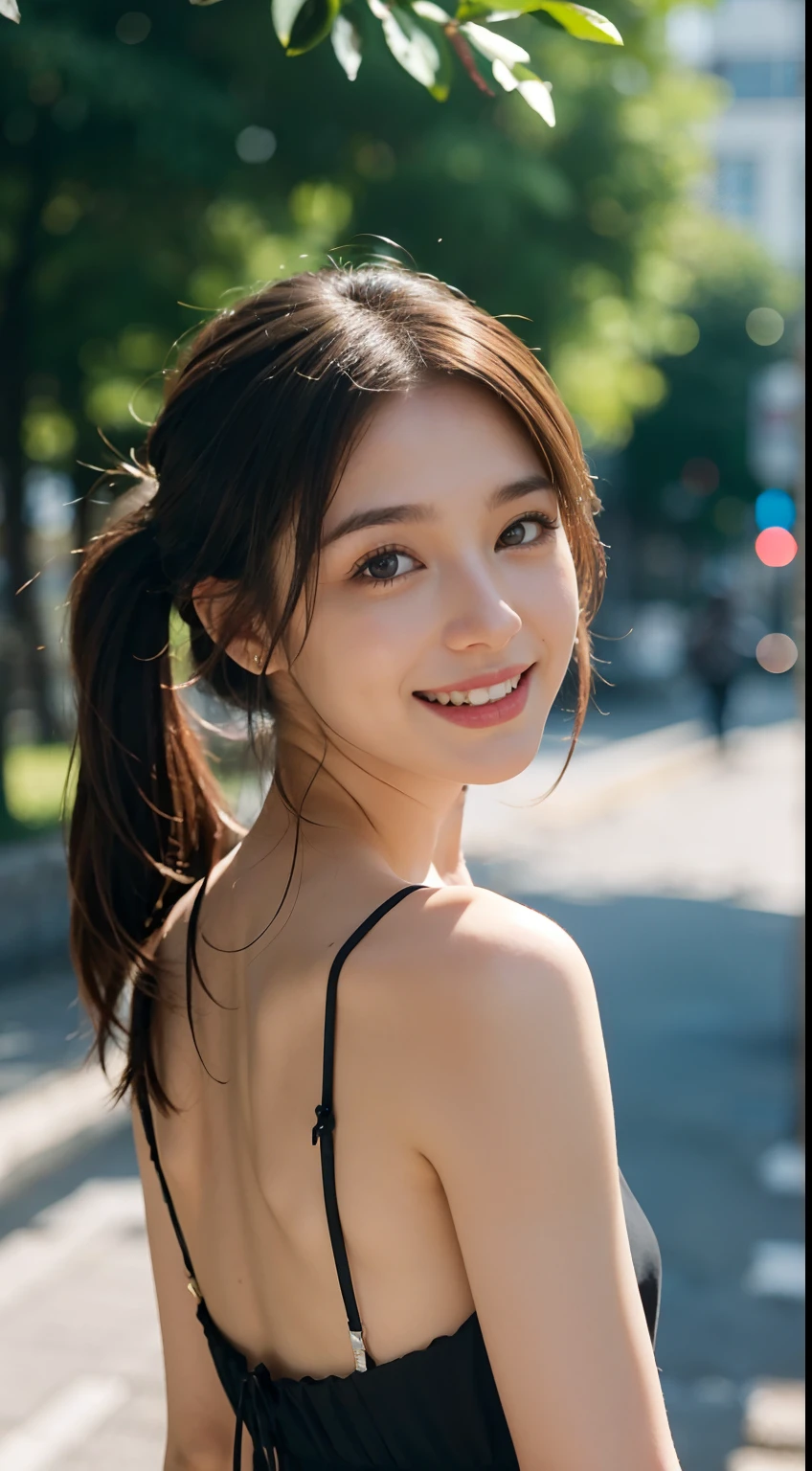 1 pretty girl,white skinned,brown hair,looking at viewer,pony tail, happy smile, stylish beautiful black summer dress, wild nature