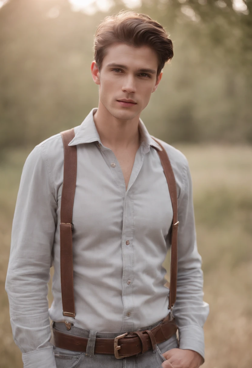A photorealistic portrait of a young man in rancher clothes, who wears a light gray shirt, Suspenders and gray jeans, fotorealistisch, Comma hair, Natural face, Schnurrbart, Koteletten, , Hyper detailliert, big broad chest, big cherst
