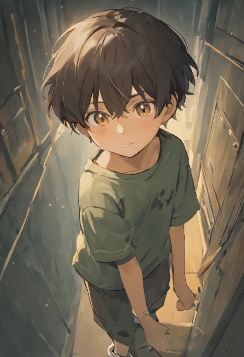 Brave boy, whole body in white background, children's illustration style, 8 years, curious brown eyes, black hair, colors, blue -sleeved shirt and brown shorts, in various positions and expressions