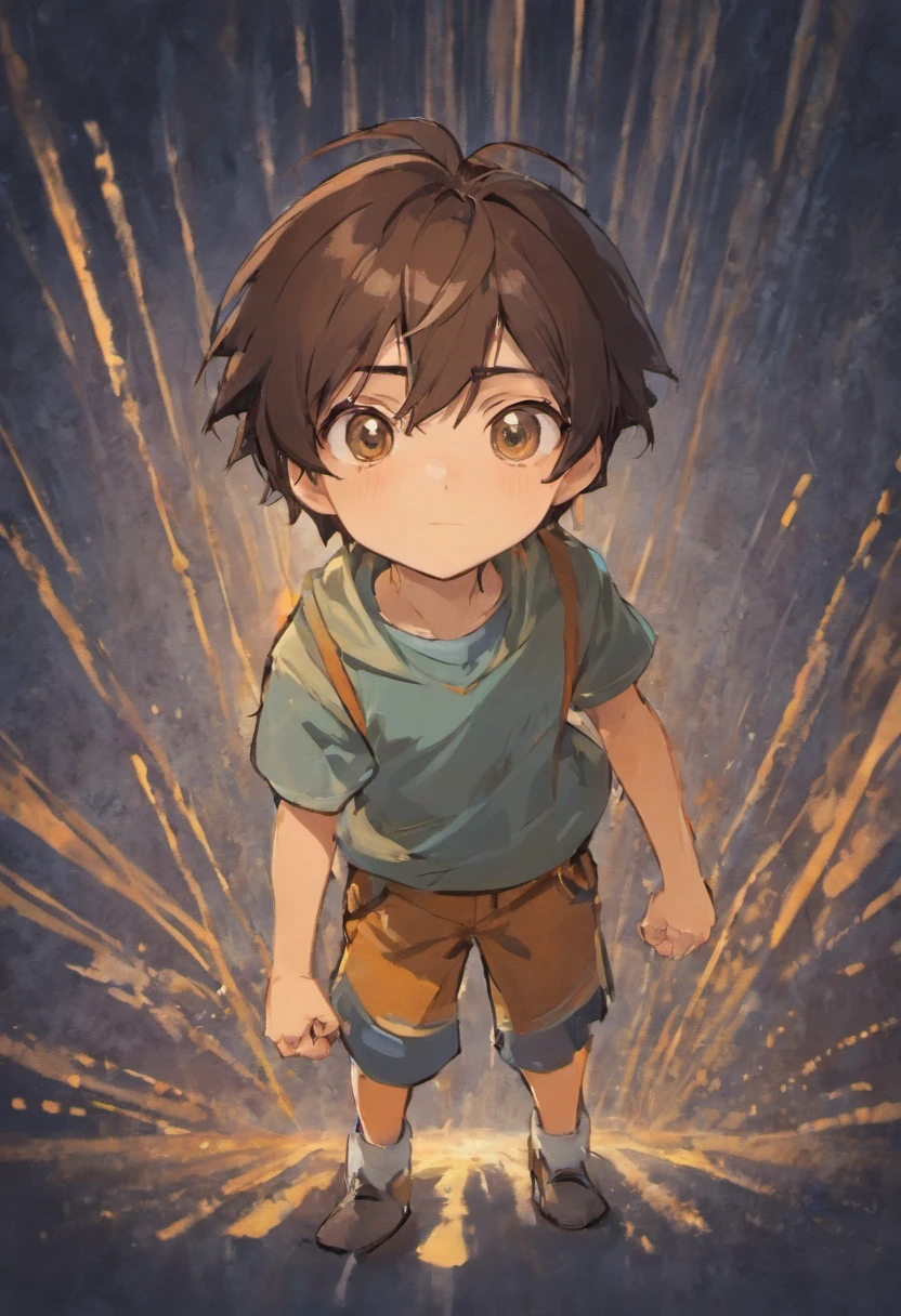 Brave boy, whole body in white background, children's illustration style, 8 , curious brown eyes, black hair, colors, blue -sleeved shirt and brown shorts, in various positions and expressions